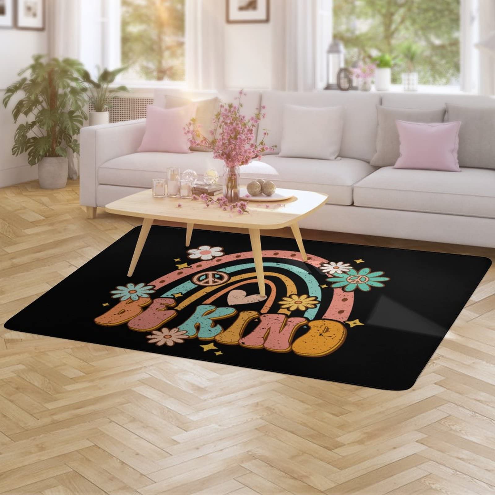 Vibrant Retro Rainbow Area Rug - Soft 5x6.5ft Kids Floor Mat for Bedroom, Nursery & Playroom | Durable Non-Slip Carpet for Girls Room, Teen Dorm & Living Space Decor | Perfect for Science & Feminism Themed Rooms