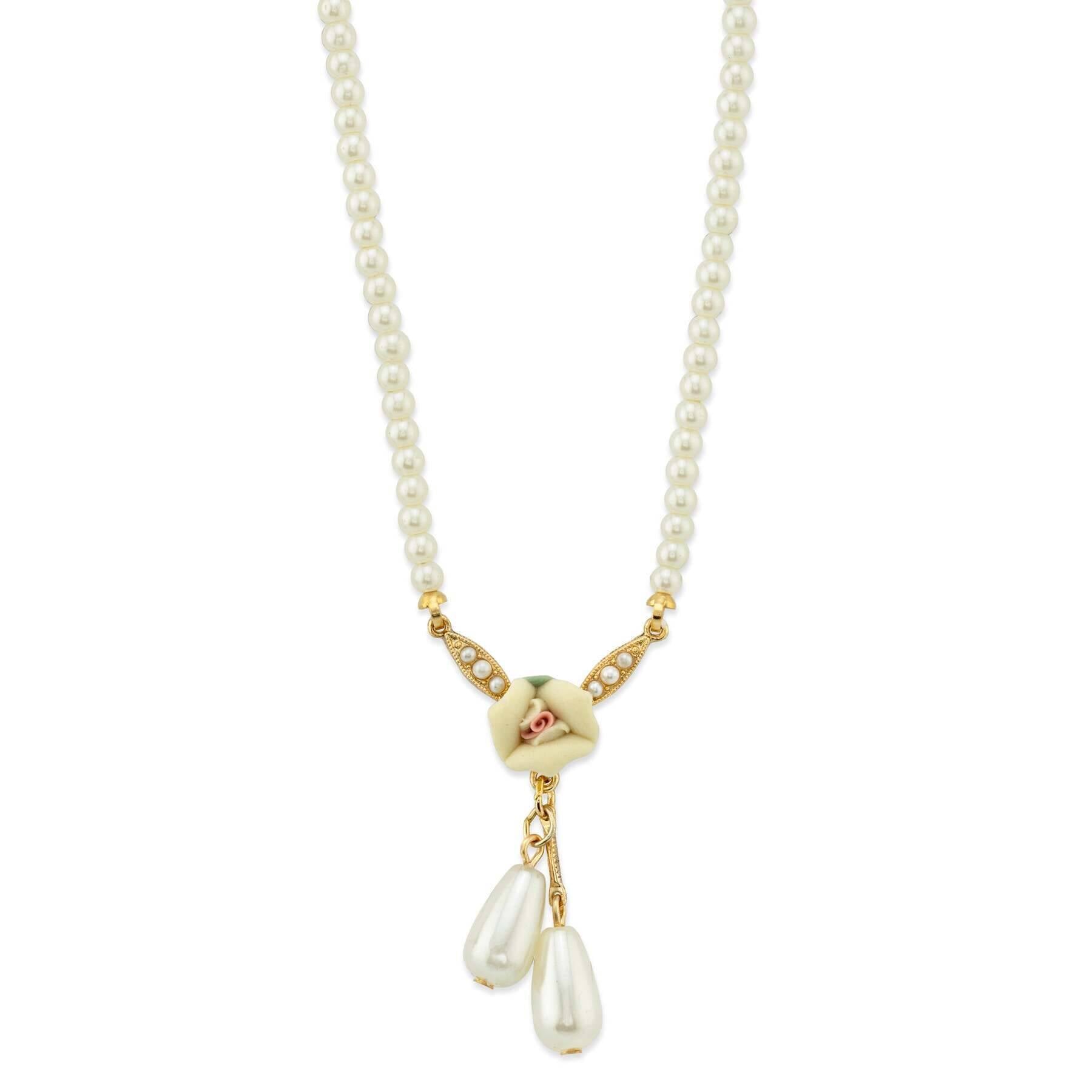 1928 Bridal Porcelain Rose & 3mm Faux Pearl Drop Pendant Necklace - 16