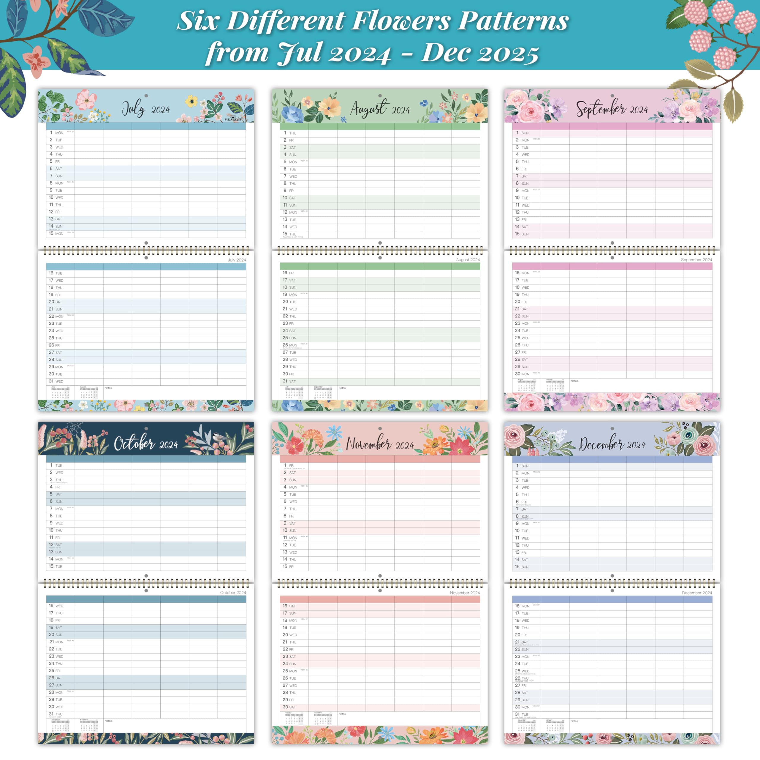 2024-2025 Family Wall Calendar - 18 Month Planner from July 2024 to December 2025 | 6-Column Design with Notes Section | 39x29 cm Large Format | Thick Paper & Back Pocket | Perfect for Home Organization & Family Scheduling