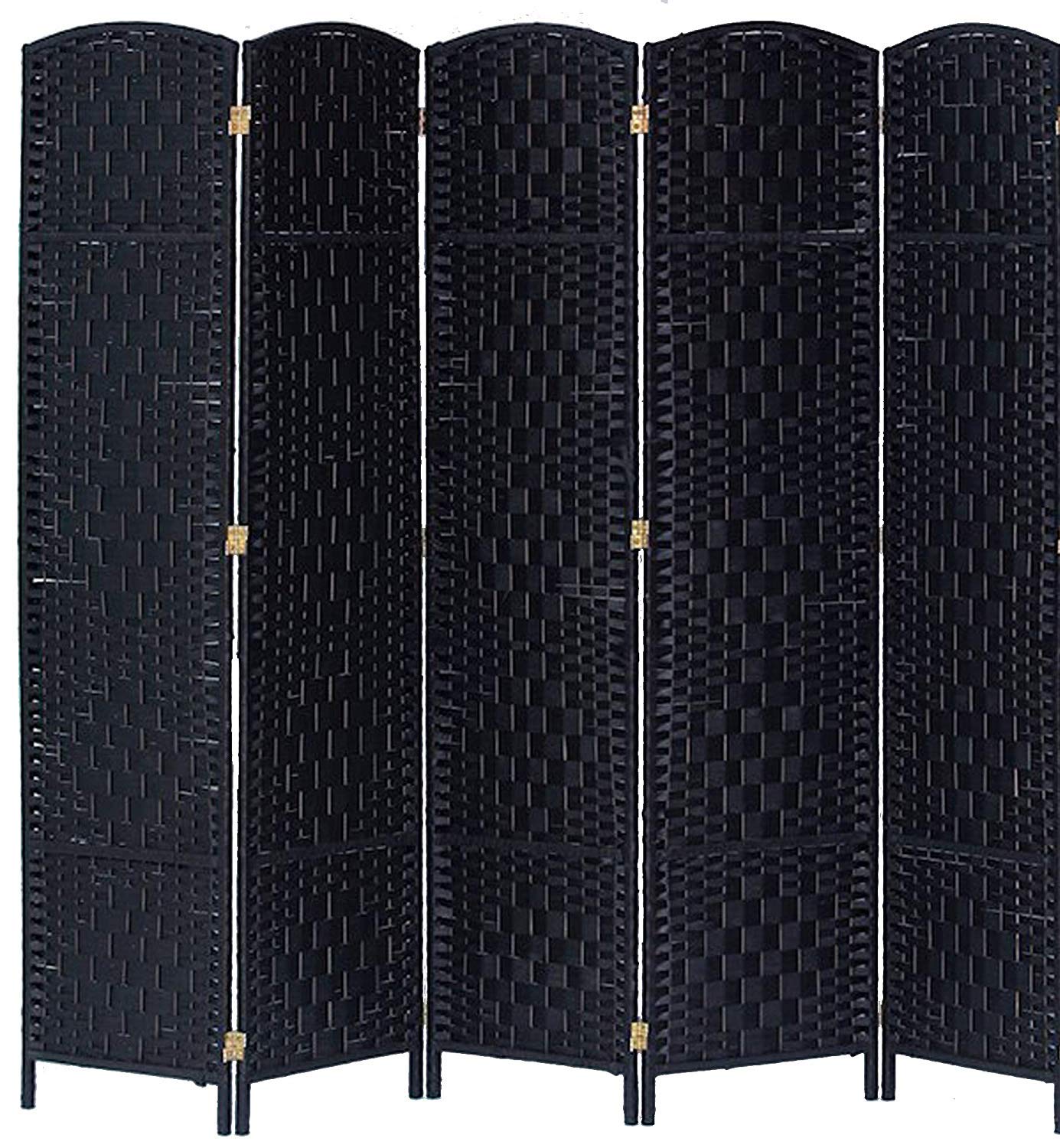 Legacy Decor 5-Panel Weaved Bamboo Fiber Room Divider Privacy Screen - 5.9 ft Height x 7.3 ft Width - Black - Perfect for Home, Office, and Outdoor Space Partition