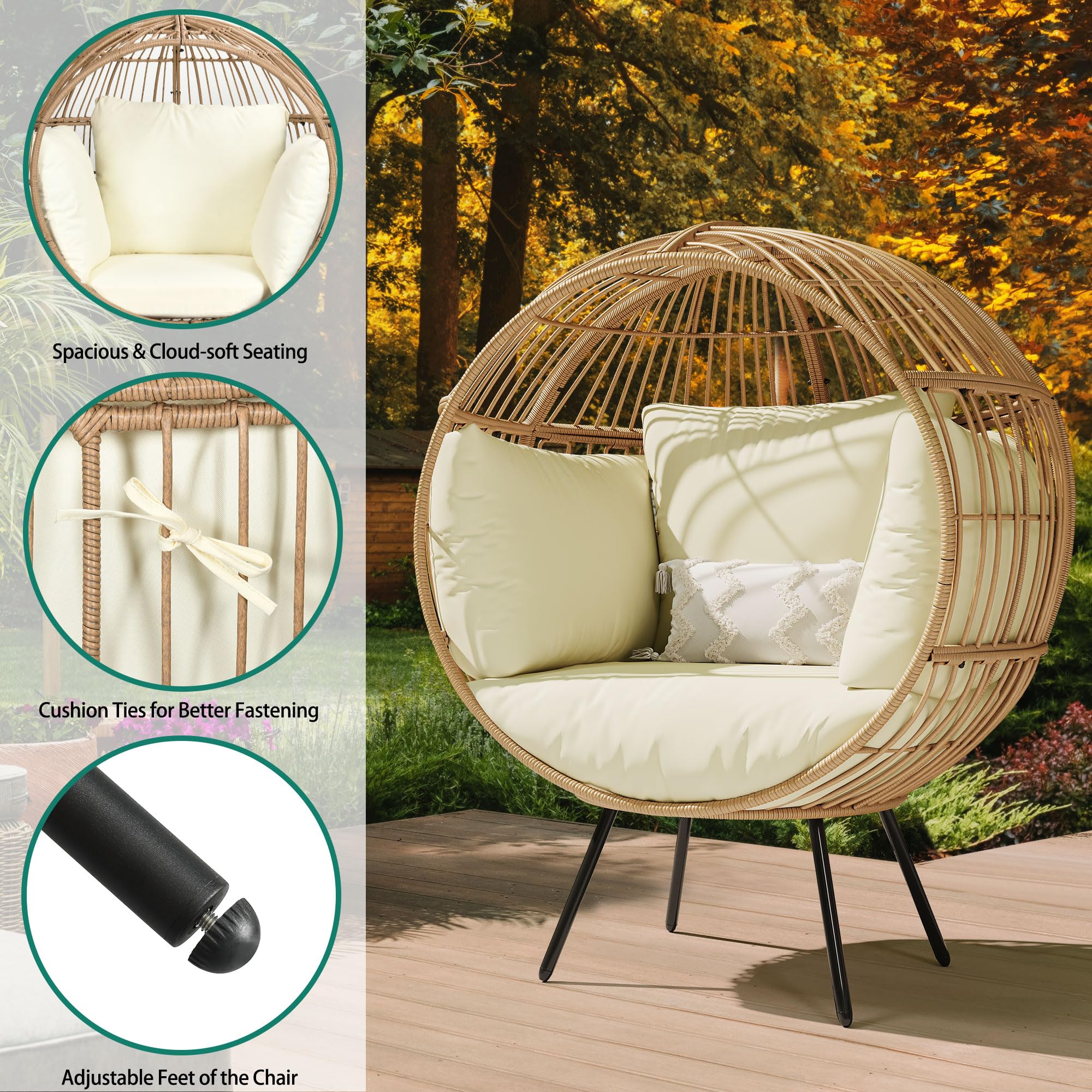 YITAHOME Oversized Wicker Egg Chair for Outdoor & Indoor Use - 370lbs Capacity, Includes Stand & Cushion - Round Basket Lounger for Patio, Balcony, Bedroom - Beige - Perfect for Relaxing, Reading & Sunbathing