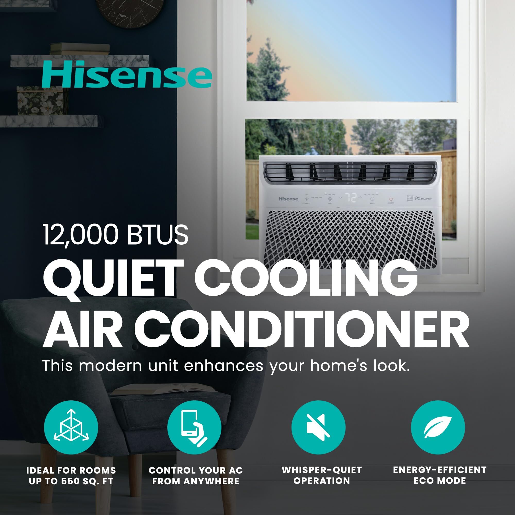Hisense 12,000 BTU Smart WiFi Window Air Conditioner - Energy Efficient Quiet Cooling for Bedroom, Living Room & Apartment - White (Renewed) - Perfect for Summer Heat Relief & Small Space Cooling