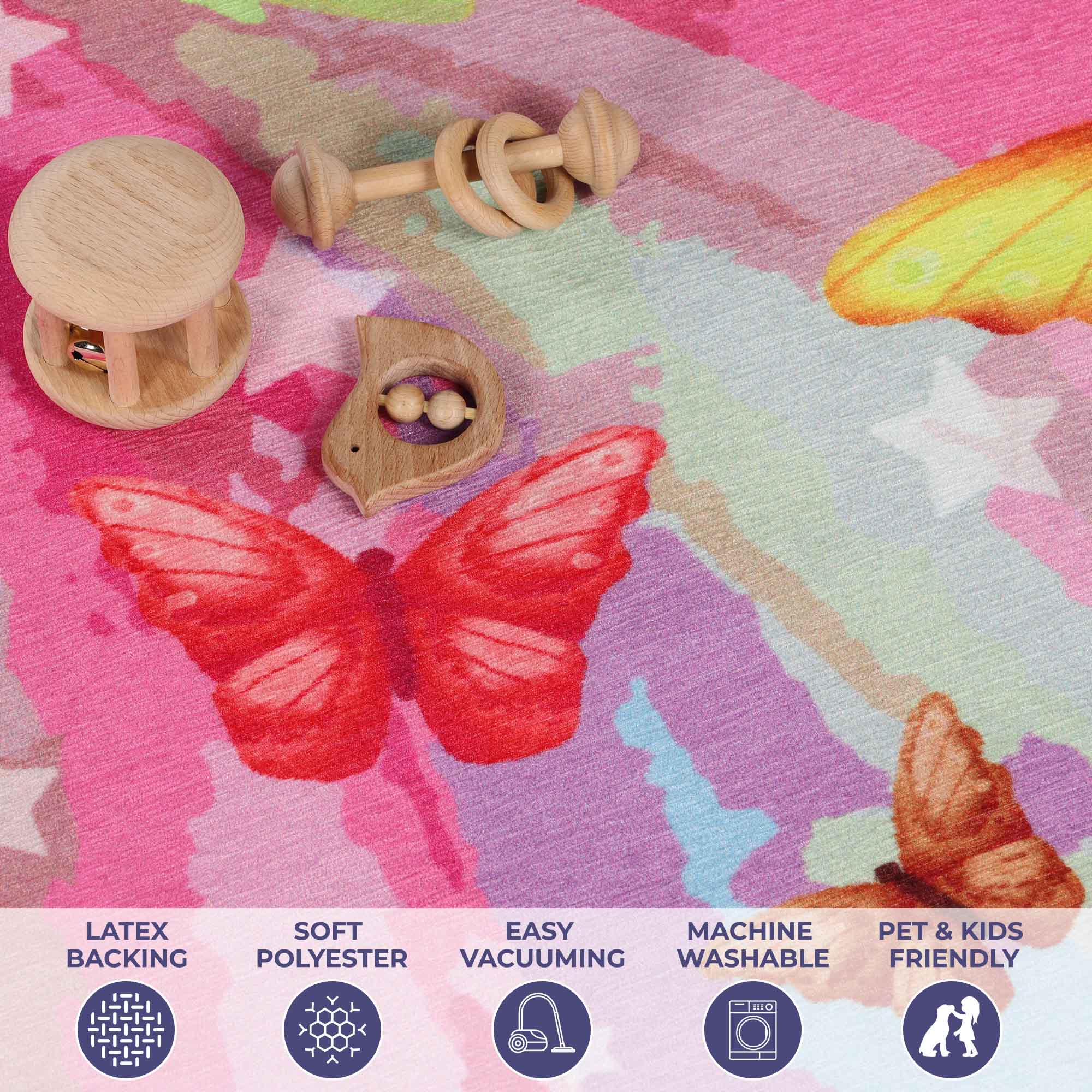 Non-Slip Butterfly Kids Playroom Rug - Washable Nursery Carpet for Toddlers & Children - Soft Indoor Floor Mat for Play Areas, Bedrooms & Daycare