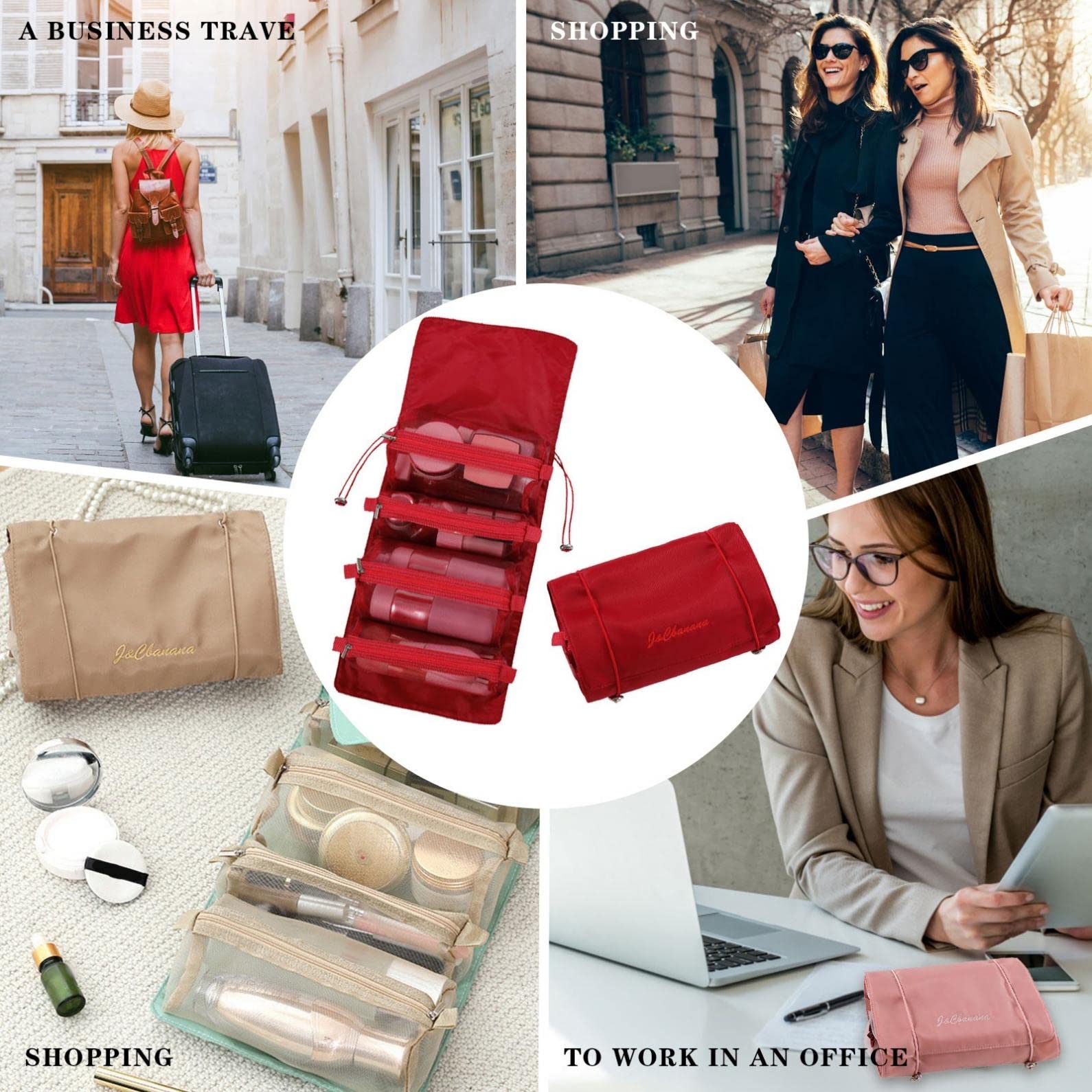 4 in 1 Foldable Detachable Travel Makeup Organizer with 4 Removable Mesh Compartments | Roll-up Cosmetic Bag & Toiletry Kit (Red) | Perfect for Travel, Gym, Camping & Daily Organization