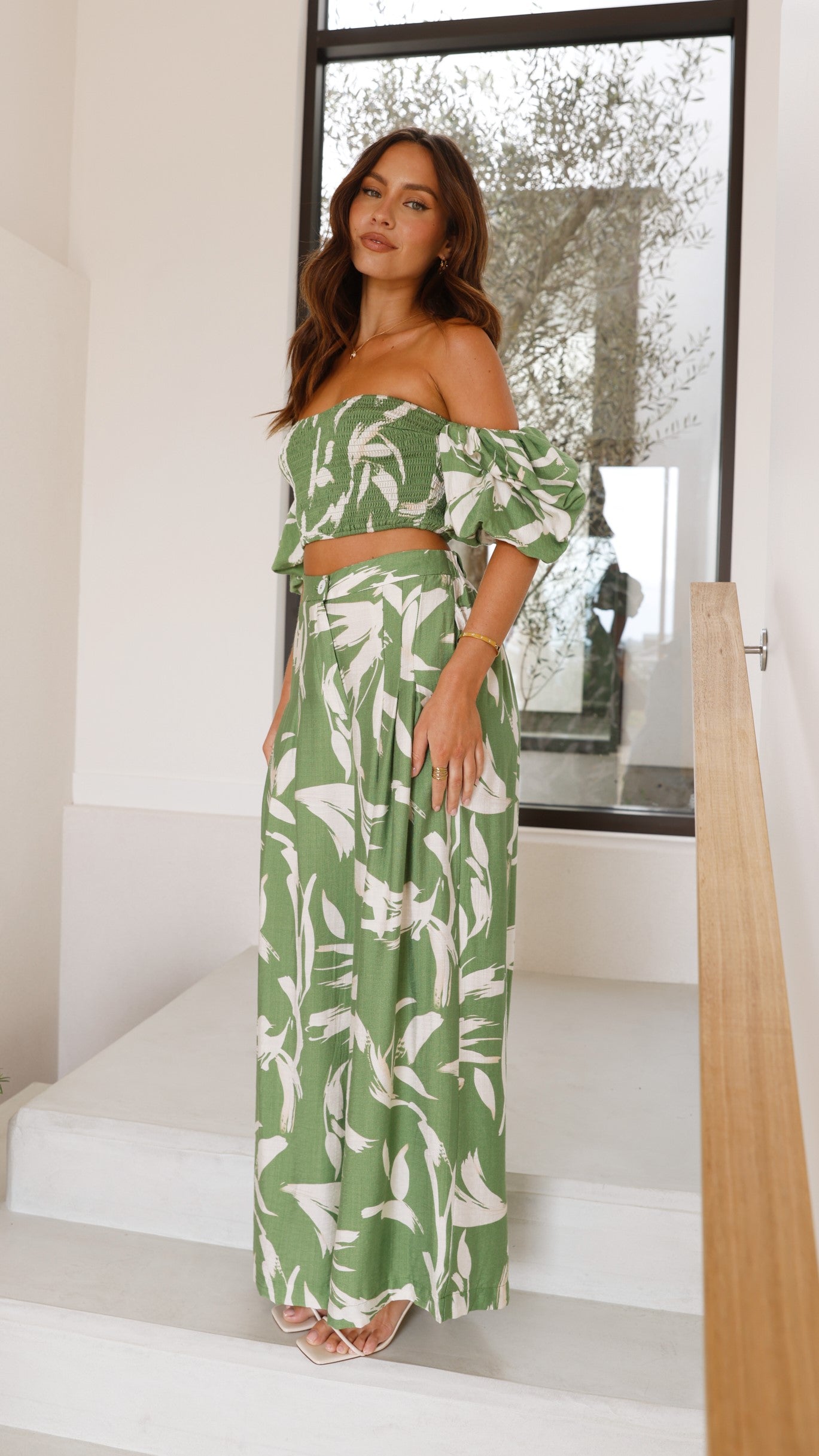 Callison Women's Green Print Crop Top and Pants Set - Stylish Matching Outfit for Casual Wear, Yoga, and Summer Fashion