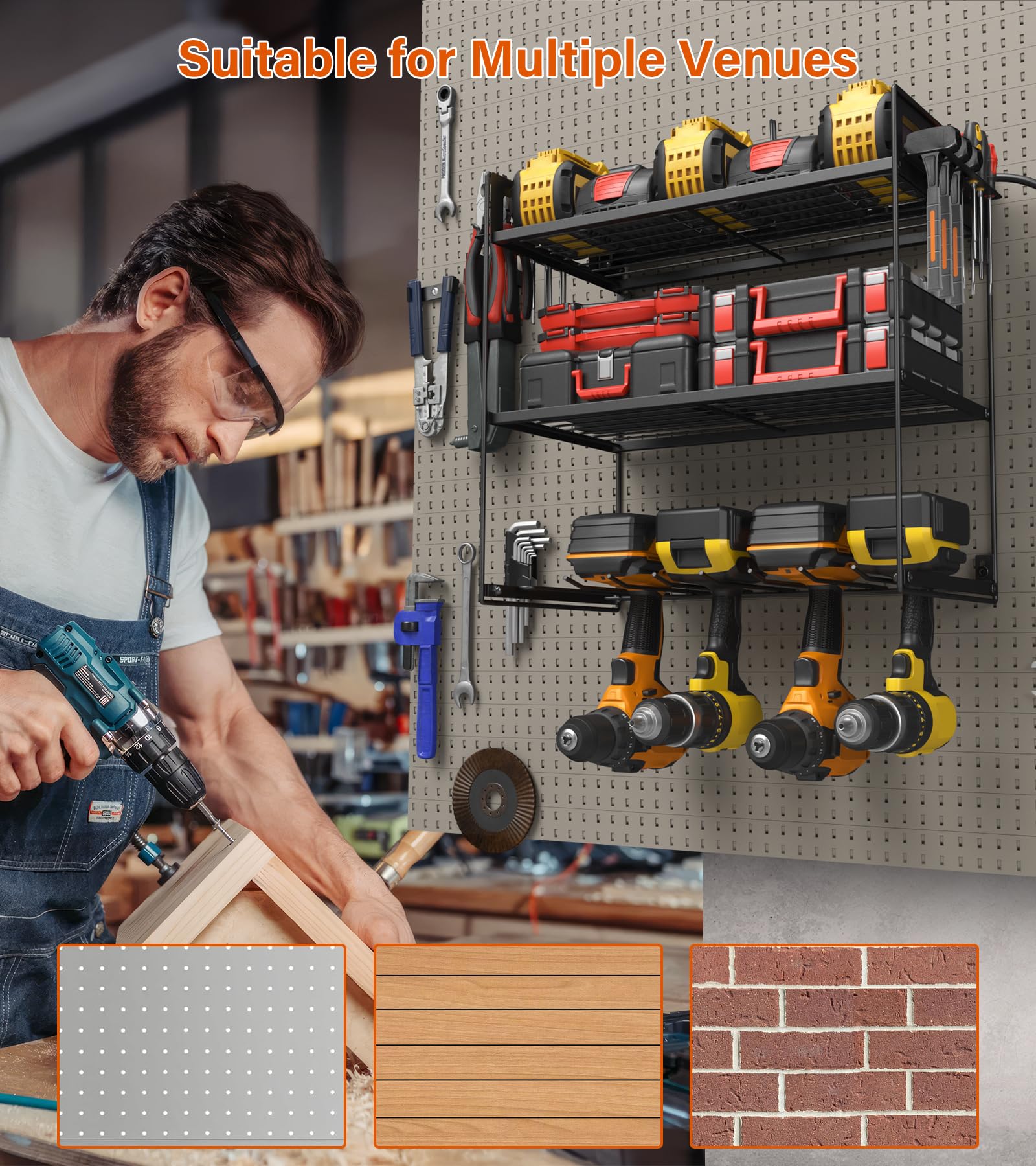 JUNNUJ 3-Layer Wall Mount Power Tool Organizer with 10-Outlet Power Strip & Charging Station - Heavy Duty Drill Holder for 4 Drills - Black Garage Storage Shelf for Workshop & Home Utility Rack - Perfect for DIY Projects, Professional Workspaces & Home Improvement
