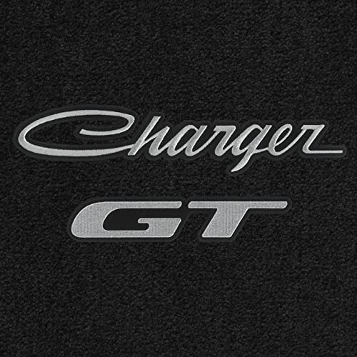 Premium Custom-Fit Carpeted Floor Mats for Dodge Charger AWD 2018-2023 - Luxury Car Floor Liners with GT Logo (4-Piece Set, Charcoal/Silver) - Perfect for All-Weather Protection & Enhanced Interior Style