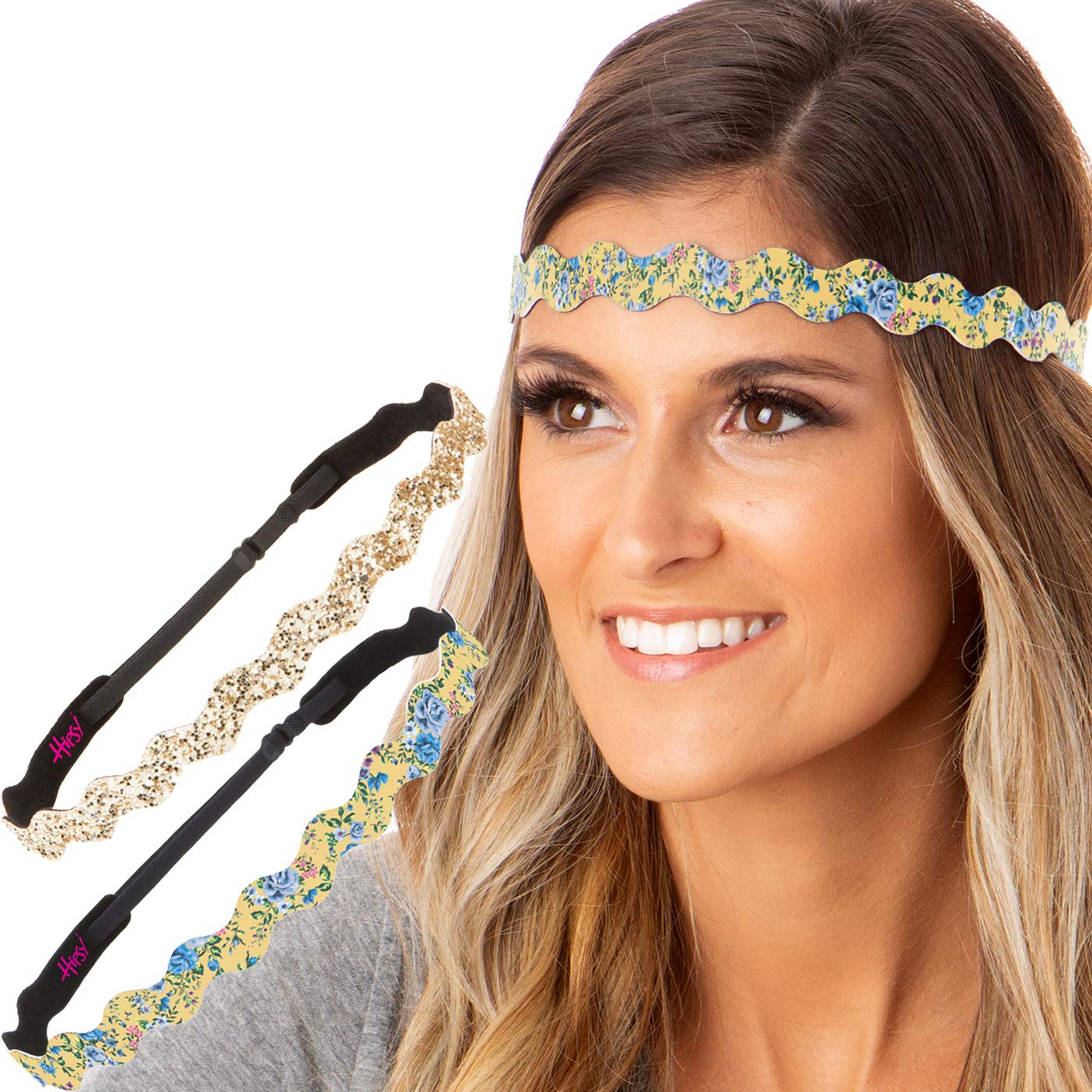 Hipsy Women's Adjustable No-Slip Wave Country Flower Headbands - 2 Pack (Wave Yellow & Gold Glitter) - Perfect for Yoga, Running, Workouts and Fashion Accessories