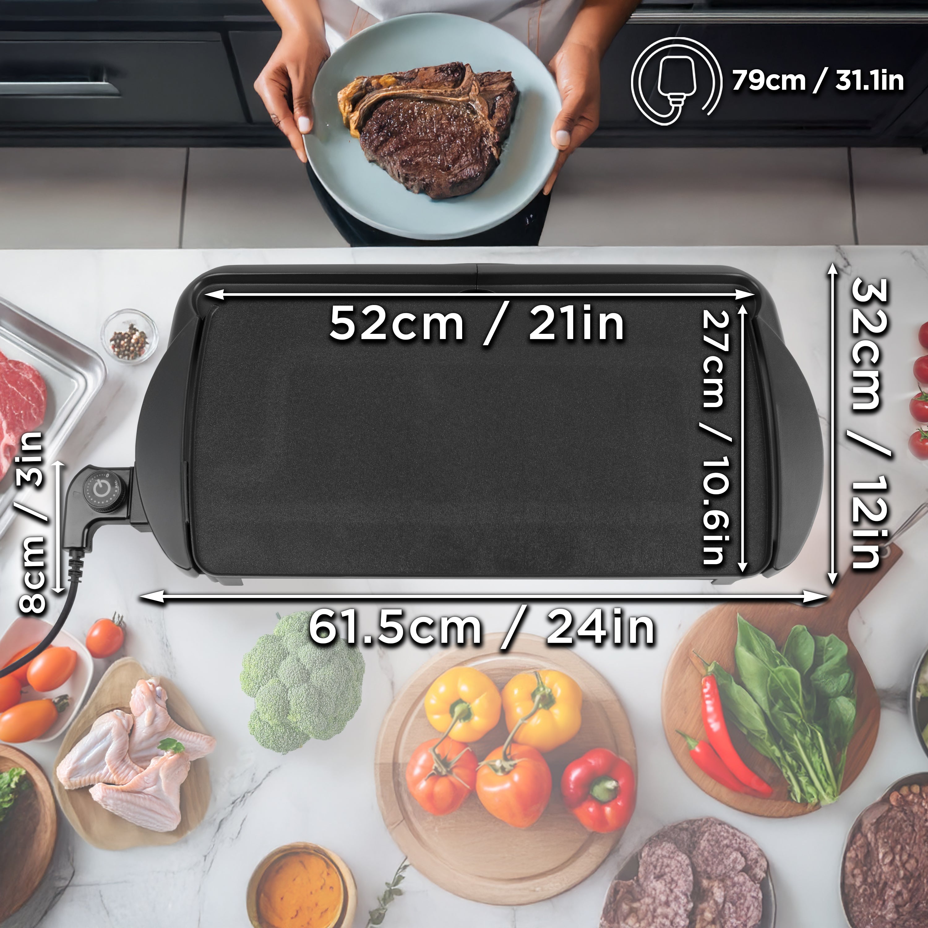 Duronic GP20 Electric Teppanyaki Grill - Indoor BBQ Grill with Non-Stick Surface, Large 52x27cm Cooking Area - Perfect for Parties, Family Gatherings & Asian Cuisine Cooking - Easy to Clean Tabletop Griddle Hot Plate