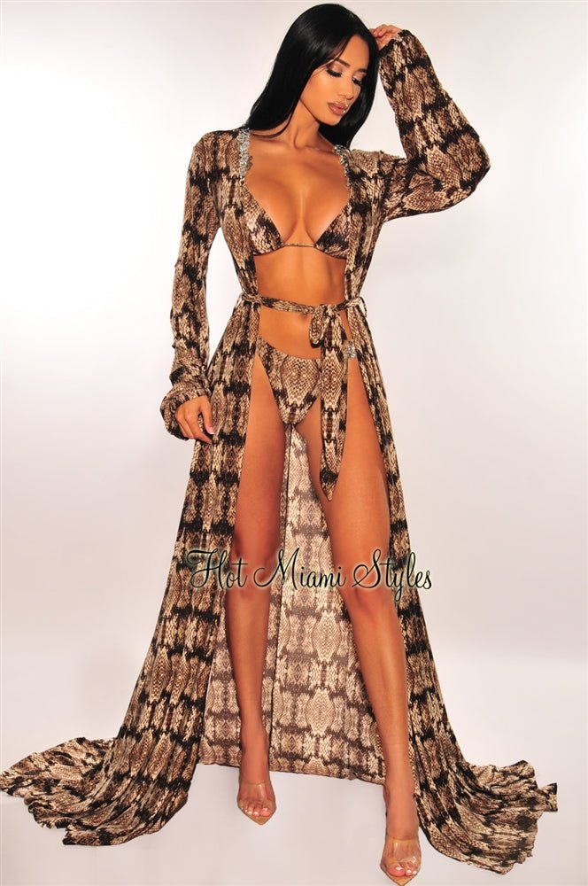 Snake Print Long Sleeve Belted Maxi Cover Up Dress - Beach Cover Up, Resort Wear, Vacation Outfit, Summer Fashion for Women