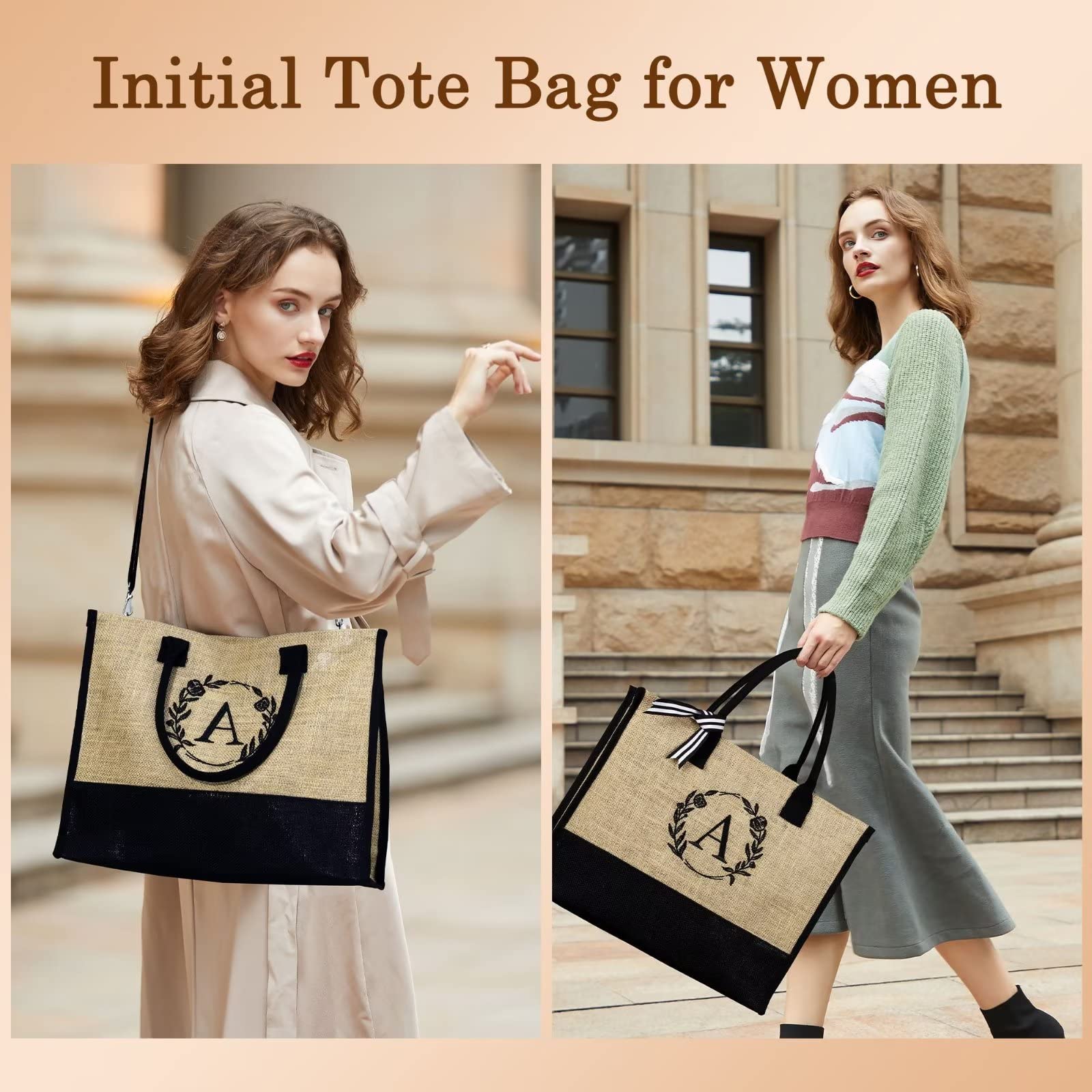 YOOLIFE Personalized Initial Jute Tote Bag for Women - Zipper Pockets & Adjustable Strap - Perfect Birthday Gift, Mother's Day Present & Everyday Use