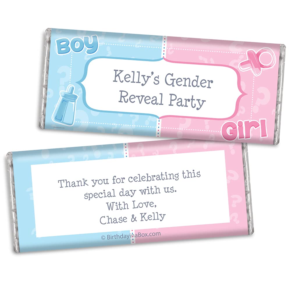 25-Pack Personalized Gender Reveal Chocolate Bar Wrappers - Blue or Pink Baby Shower Party Supplies for Boy/Girl Announcement (Great for Baby Showers, Gender Reveal Parties & Celebrations)