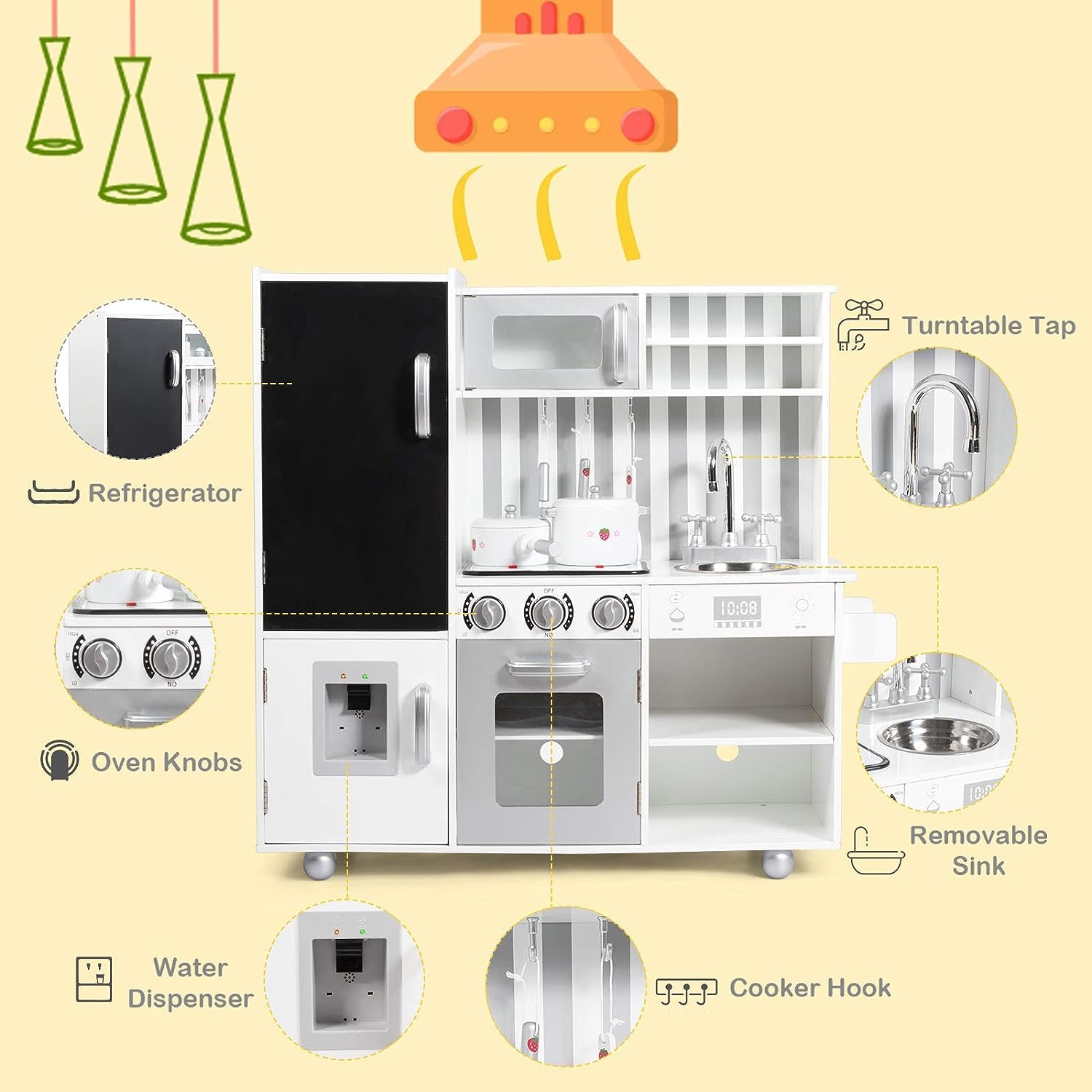 Fireflowery Kids Kitchen Playset - Pretend Play Kitchen for Toddlers with Simulated Sound, Utensils, Blackboard, Sink & Stovetop - Modern Wooden Toy Kitchen Set for Ages 3+ | Perfect for Role Play, Birthday Gifts & Early Learning Development