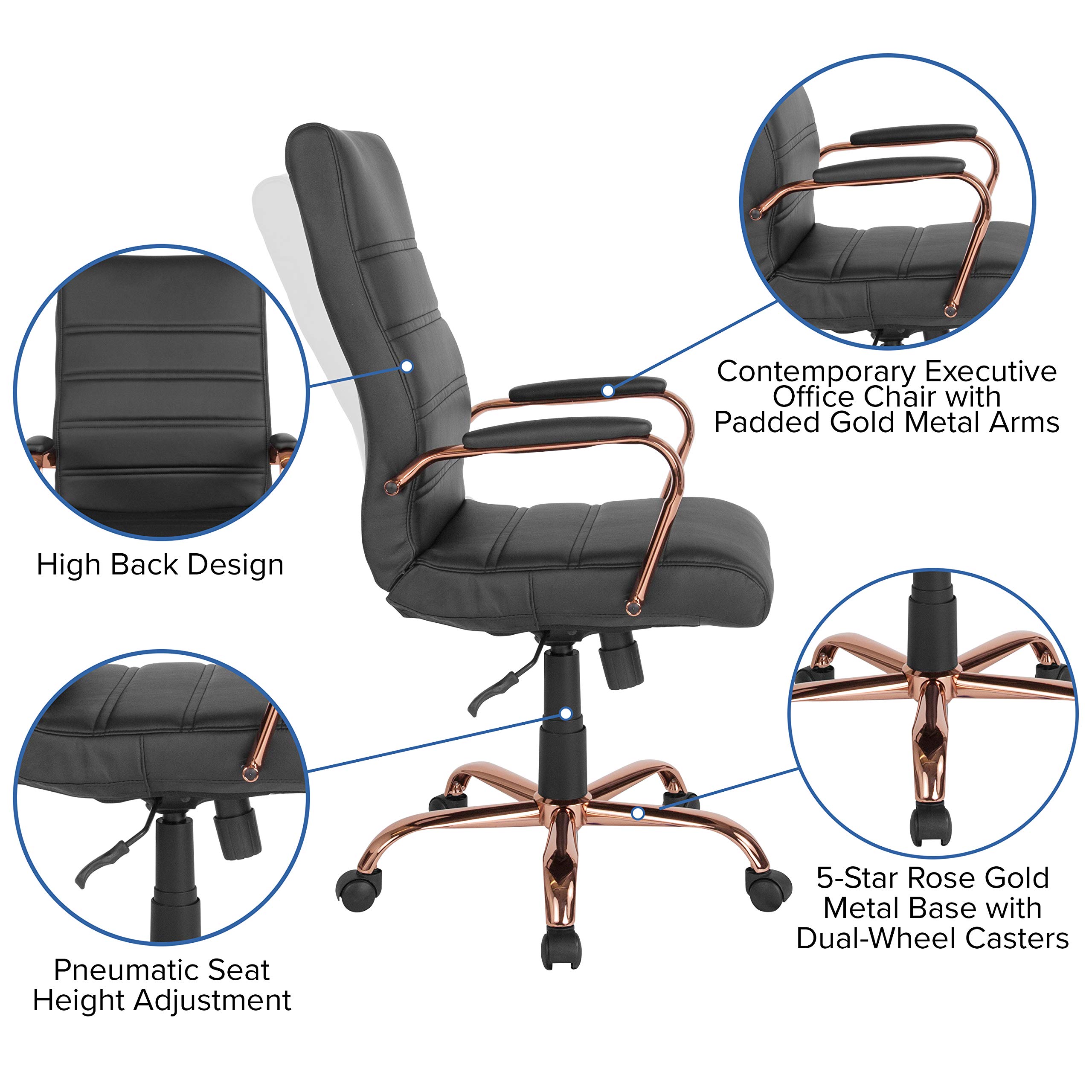 Premium High Back Office Chair - Black LeatherSoft Executive Swivel Desk Chair with Rose Gold Metal Frame - Ergonomic Adjustable Armchair for Home Office, Gaming & Study