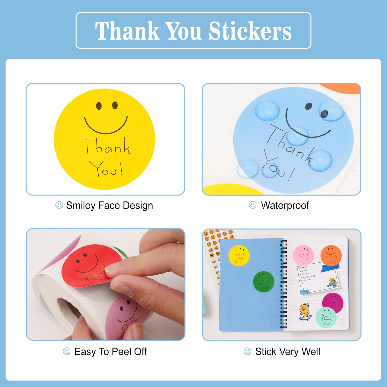 Anwyll 500Pcs 1.5 Inch Thank You Stickers for Small Business - 8 Cute Smiley Face Design Labels for Packaging, Envelopes, Gift Wrapping & Party Favors - Perfect for Birthday, Wedding & Customer Appreciation Gifts