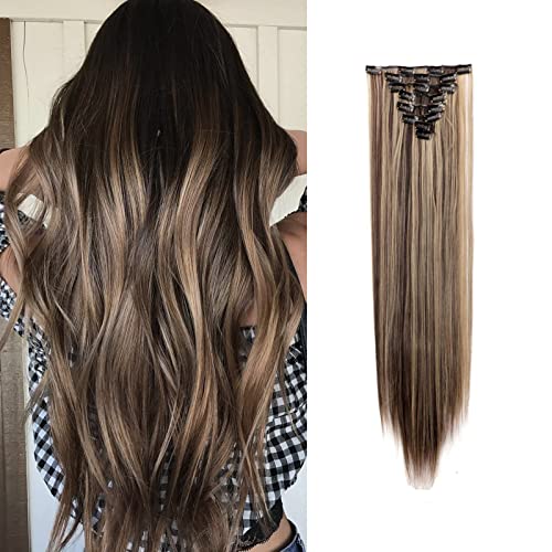 Benehair Clip in Hair Extensions 8PCS 26inch Long Straight Synthetic Hairpieces - Ombre Two Tone Dark Brown & Ash Blonde Double Weft Hair Extensions for Women - Perfect for Parties, Weddings & Daily Styling
