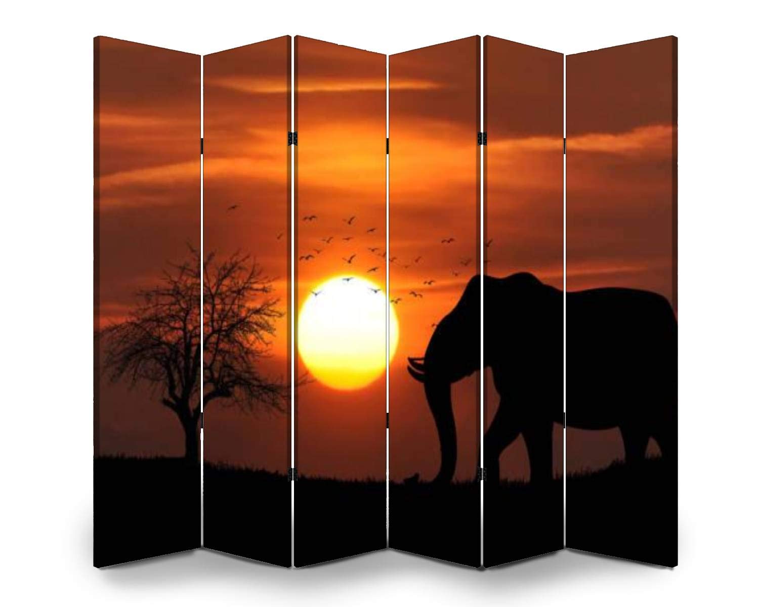 APED DECOR 6-Panel Wooden Room Divider with Elephant Sunset Silhouette - Foldable Privacy Screen, Dual-Sided Canvas Partition for Home & Office Decor | Perfect for Living Rooms, Bedrooms, and Studio Spaces