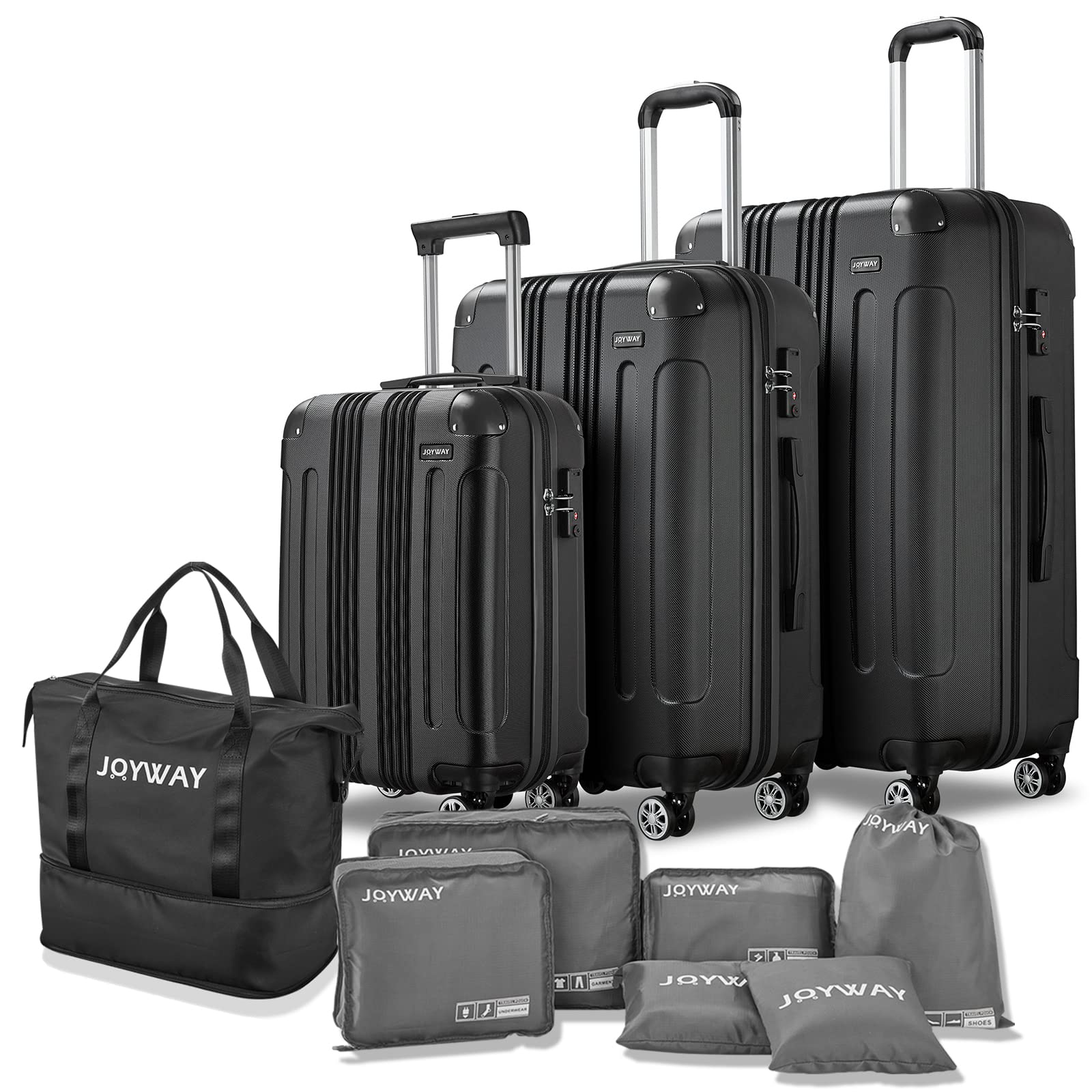 Joyway 10-Piece ABS Hardside Luggage Set with Spinner Wheels & TSA Lock - Lightweight Durable Suitcases for Women & Men (Black) | Perfect for Family Vacations, Business Trips & International Travel