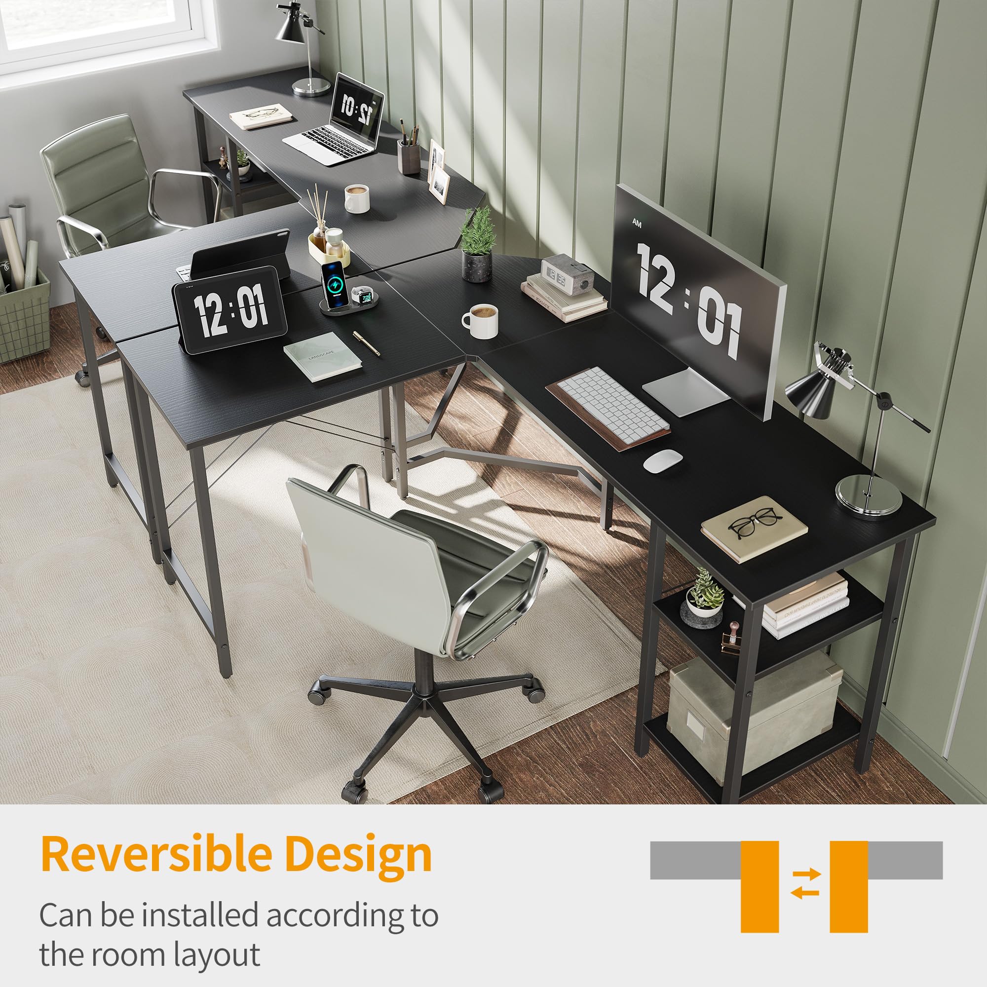 CubiCubi 59.1 Inch L Shaped Desk with Storage Shelves - Reversible Corner Computer Desk for Home Office, Gaming & Study, Black - Perfect for Small Spaces & Multi-Tasking Workstations
