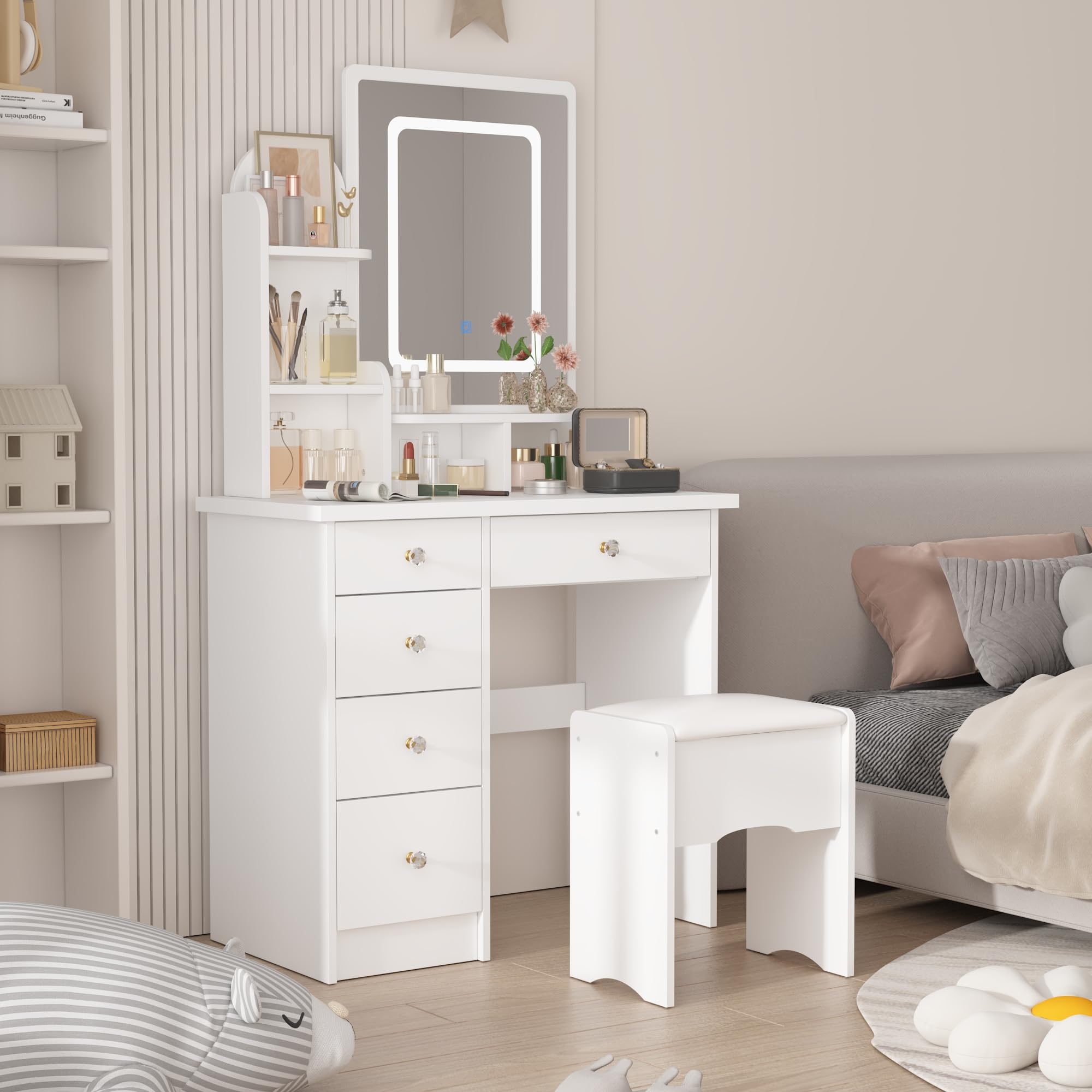 AIEGLE LED Lighted Vanity Desk Set with Rectangular Mirror - 3 Color Adjustable Makeup Dressing Table with Open Shelves & Cushioned Stool (White) | Perfect for Bedroom, Dorm Room & Beauty Salon