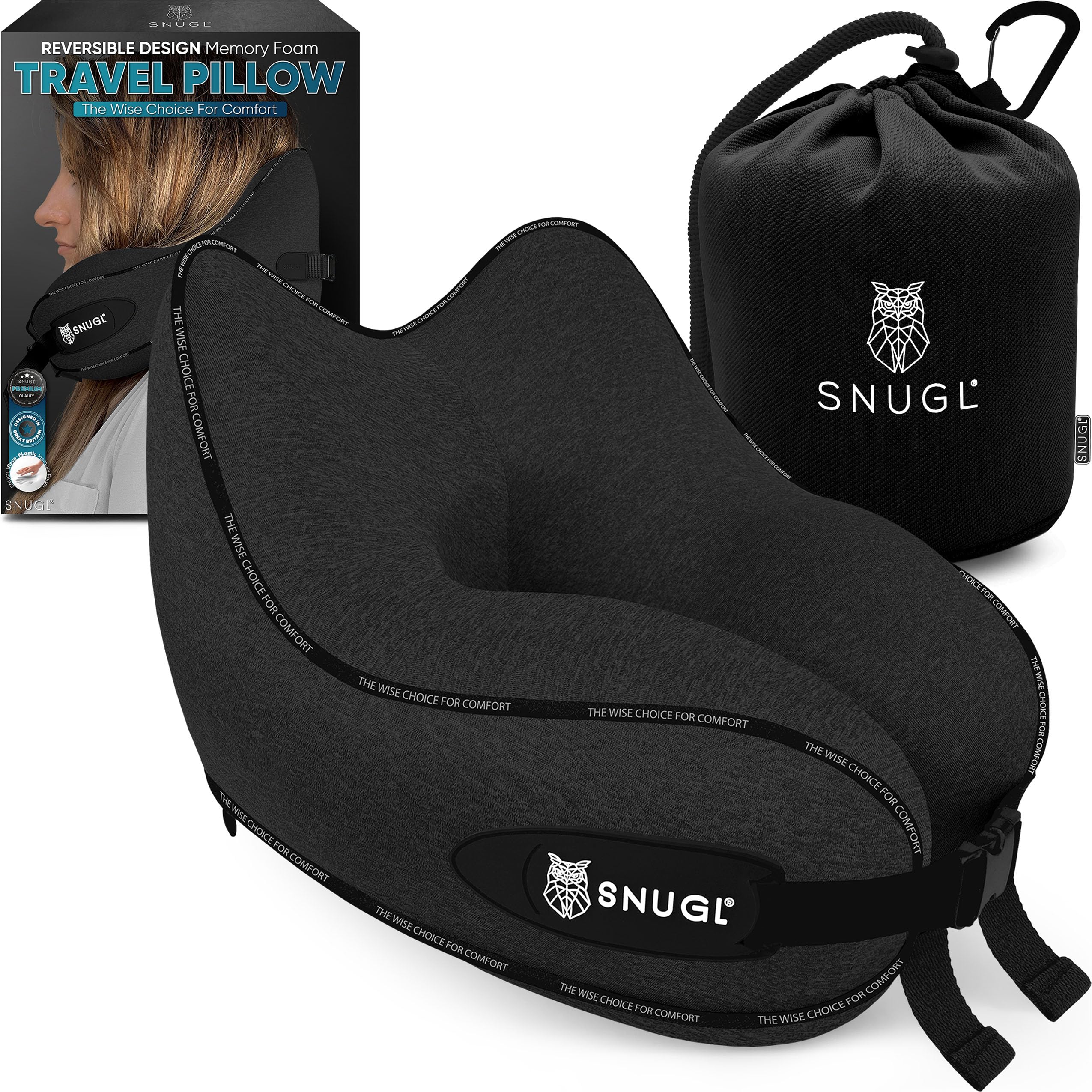 SNUGL Memory Foam Travel Neck Pillow for Airplane Sleeping - Ergonomic Neck Support with Carry Bag & Clip - Best Flight Travel Accessories for Long Haul Flights, Road Trips & Camping - Black