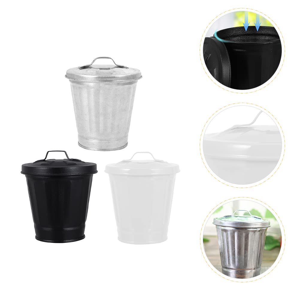 LUOZZY 3-Piece Small Metal Trash Can Set with Lid - Galvanized Mini Wastebasket for Home, Office & Bathroom | 3.5 x 3.7 Inch Desktop Garbage Can | Perfect for Desks, Countertops & as Decorative Flower Pots