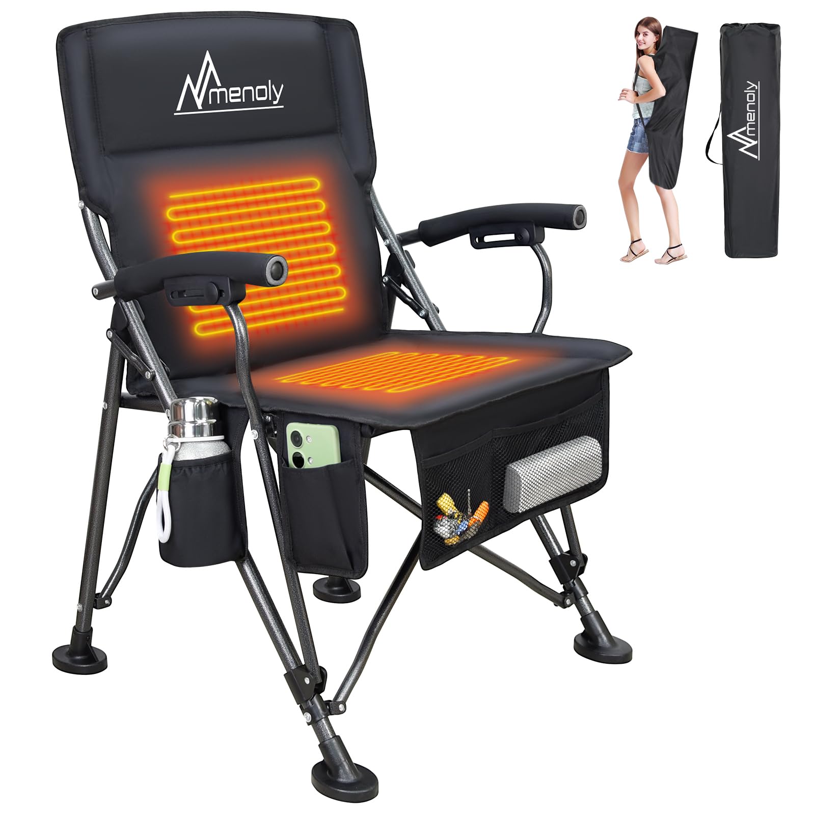 Best Heated Camping Chair for Outdoor Adventures - Portable Folding Chair with Adjustable 3-Level Heating, Cup Holder & 4 Large Storage Pockets - Supports 300lbs (Battery Not Included) - Perfect for Camping, Hunting, Fishing & Backyard Relaxation