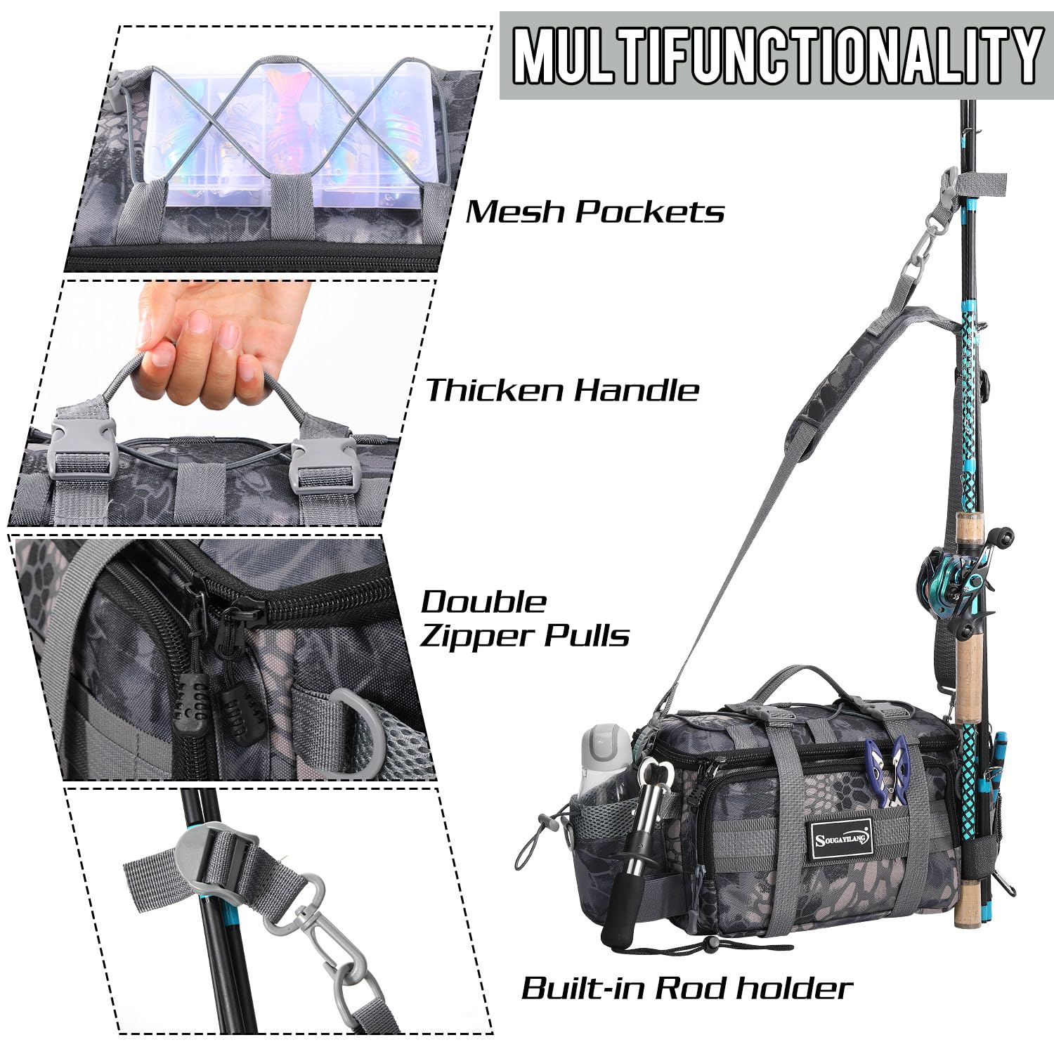 Sougayilang Fishing Tackle Storage Bag with Padded Shoulder Strap - Waterproof Tackle Box Organizer for Saltwater & Freshwater Fishing Gear - Durable Fishing Accessories Carrier (Grey) - Perfect for Boat, Shore & Kayak Fishing Trips