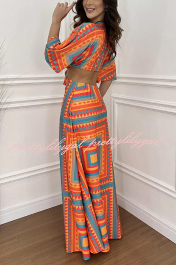 Wilma Unique Print Cutout Elastic Waist Tie Up Kimono Sleeve Maxi Dress - Women's Flowy Summer Beach Cover Up Dress for Vacation, Party & Boho Fashion
