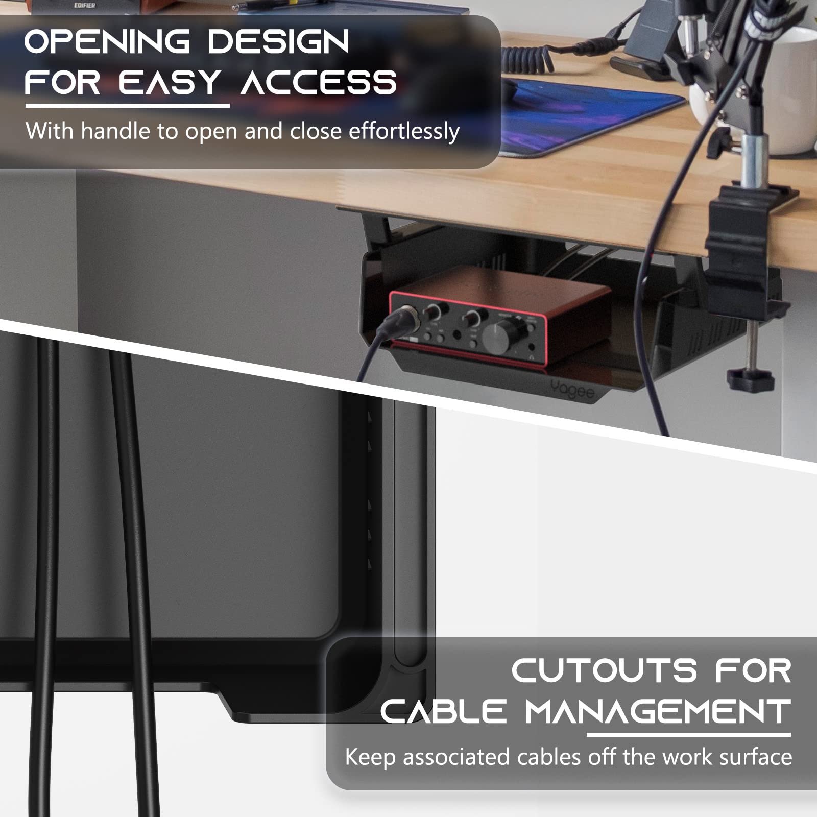 YaGee Under Desk Shelf Organizer - 2 Pack Self-Adhesive Storage Drawer with Cable Management for Home Office, Gaming Setup & Standing Desk | Space-Saving Desktop Accessory for Keyboard, Mouse & Devices