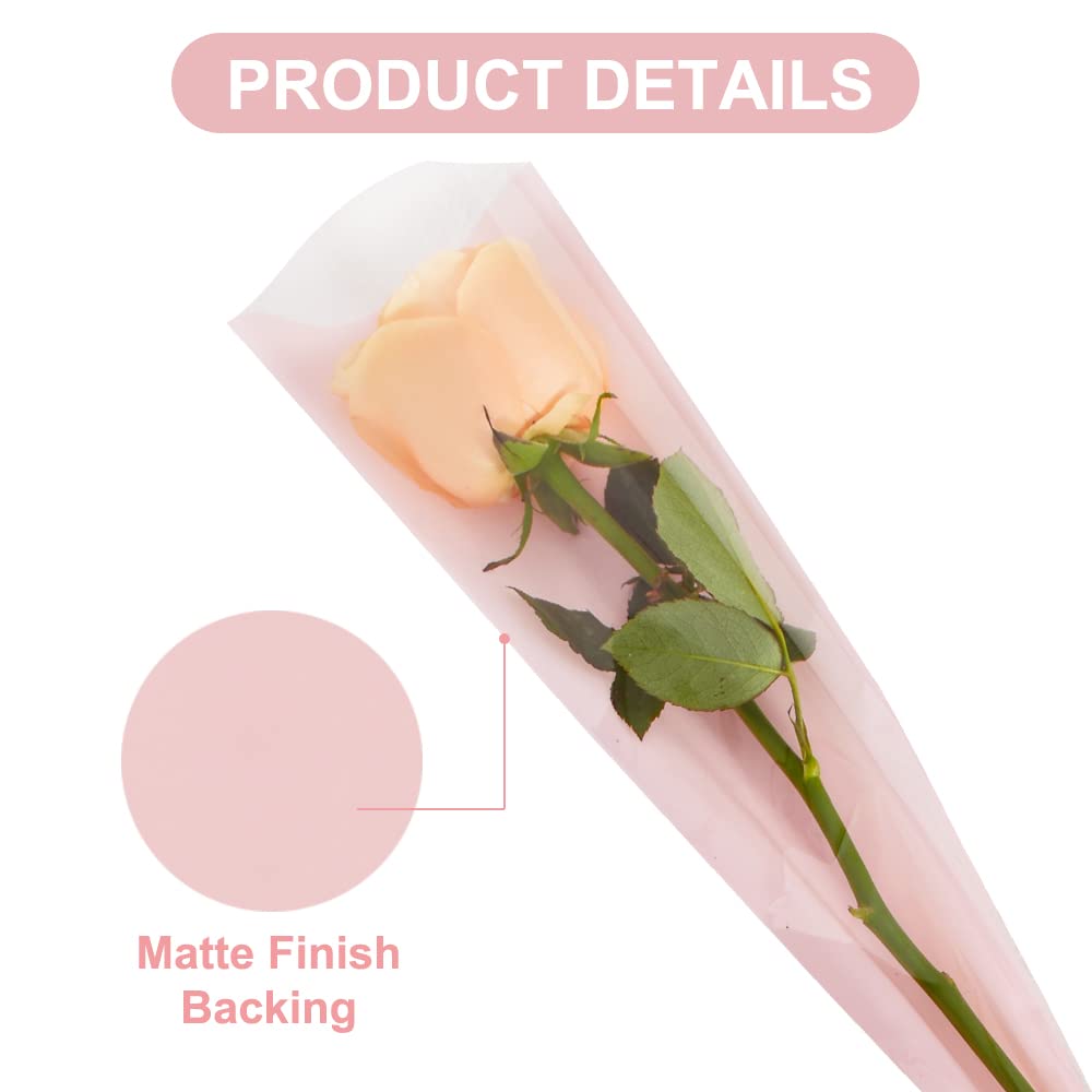 BEISHIDA 100 PCS Pink Matte Single Rose Sleeve Bouquet Bags - Plastic Flower Wrapping for Wedding, Birthday, Mother's Day, Graduation, Valentine's Day - Perfect for Floral Arrangements, Gift Packaging & Party Decorations
