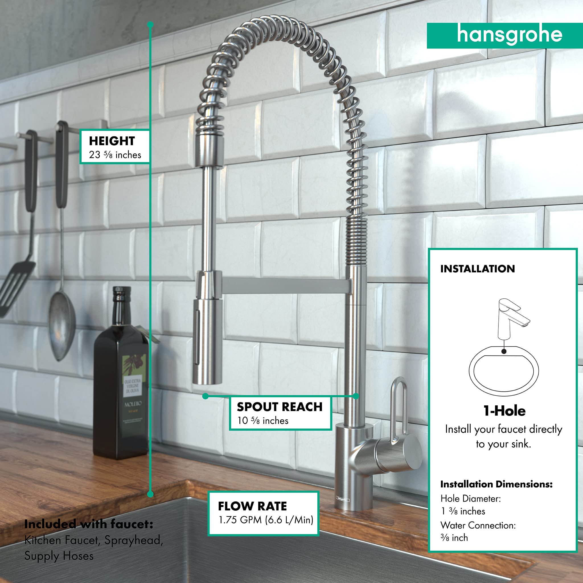Hansgrohe Talis Loop Stainless Steel Commercial Kitchen Faucet with Pull Down Sprayer - High Arc Sink Faucet for Restaurant & Home Kitchen (Model 04700805) - Perfect for Food Prep, Dish Washing & Commercial Use
