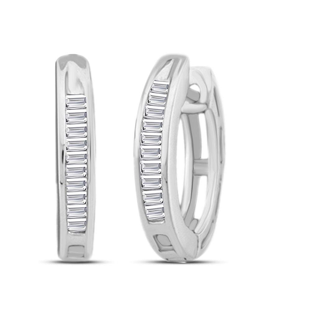 10K White Gold Women's Baguette Diamond Huggie Hoop Earrings - 1/6 Cttw, Elegant Everyday Jewelry for Work & Special Occasions