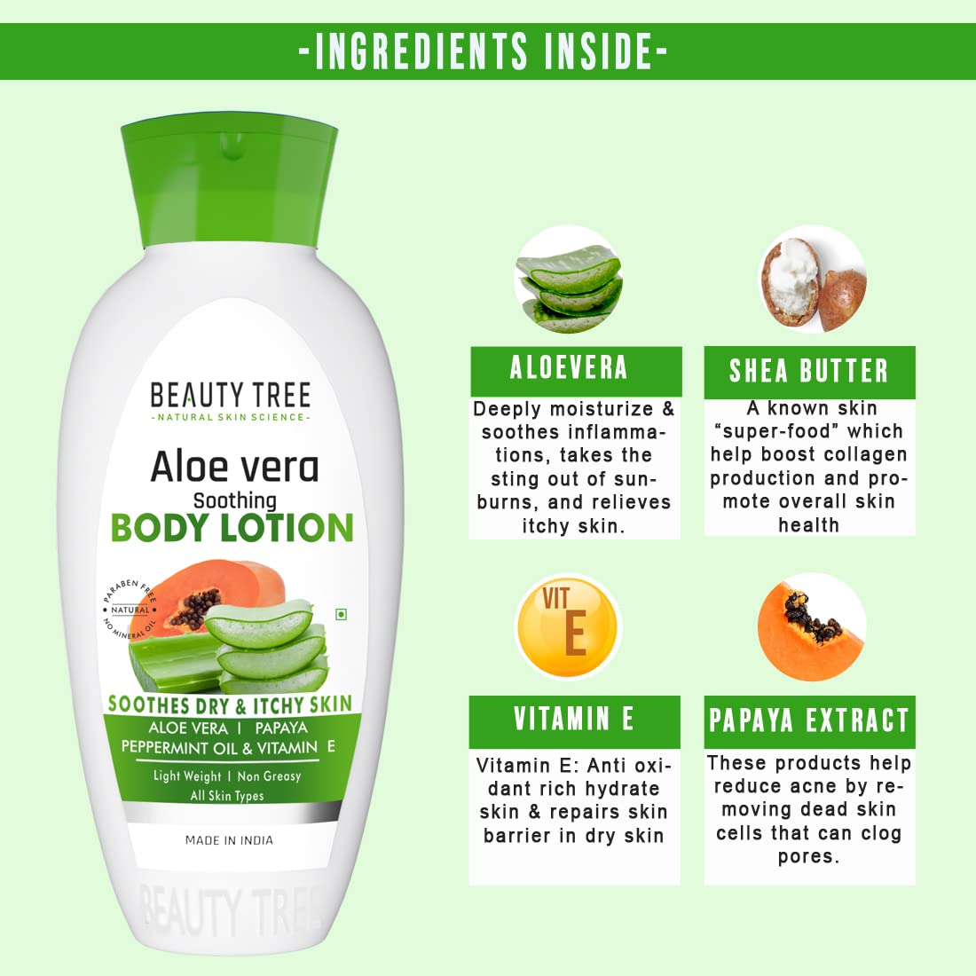 BEAUTY TREE Aloe Vera Soothing Body Lotion with Papaya, Peppermint Oil & Vitamin E - Lightweight Moisturizer for All Skin Types - 400ml - Perfect for Dry Skin Relief & Daily Hydration After Shower
