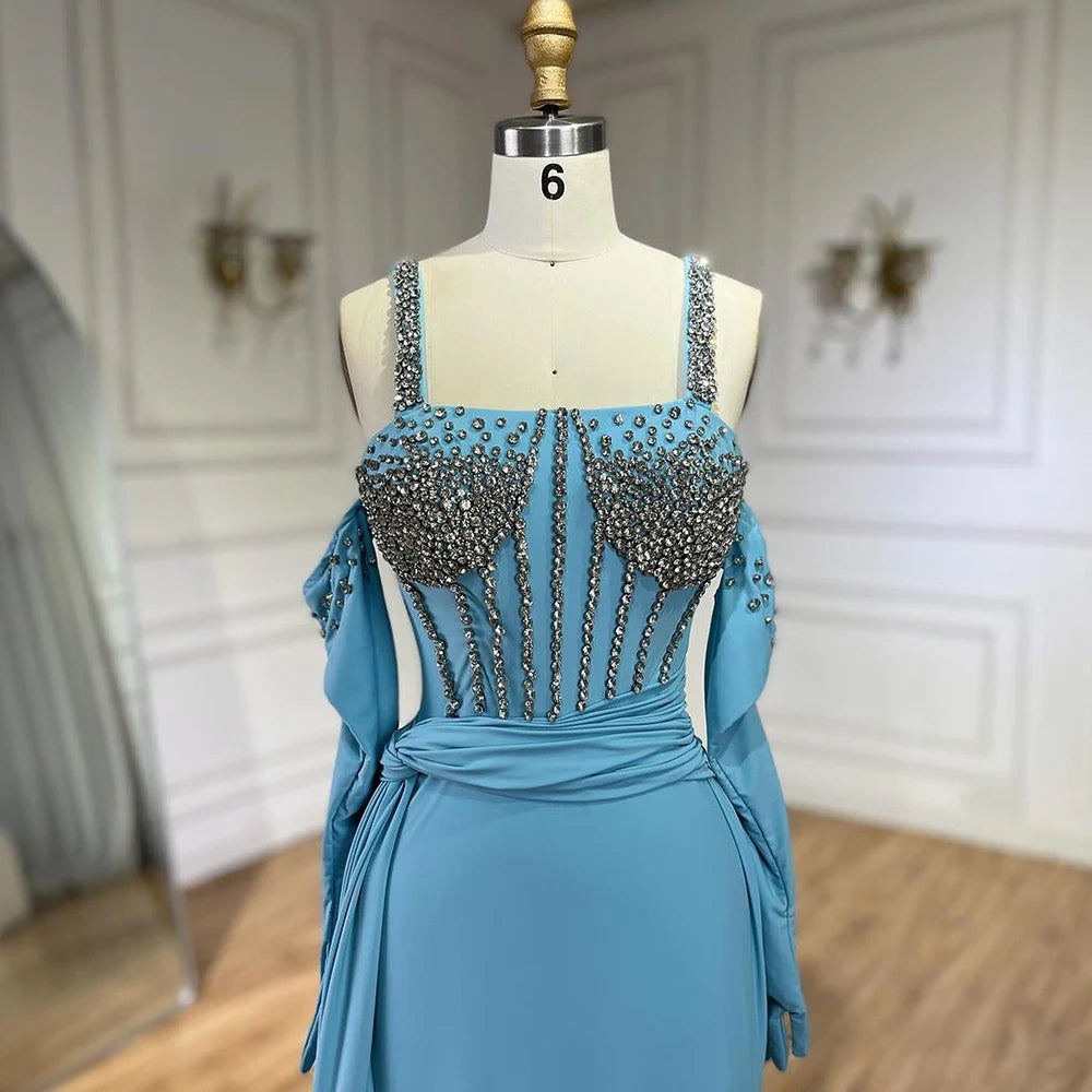 Serene Hill Dubai Luxury Evening Gown 2025 - Blue Mermaid Dress with High Slit & Spaghetti Straps - Elegant Gloves Included - Perfect for Weddings, Galas & Formal Events
