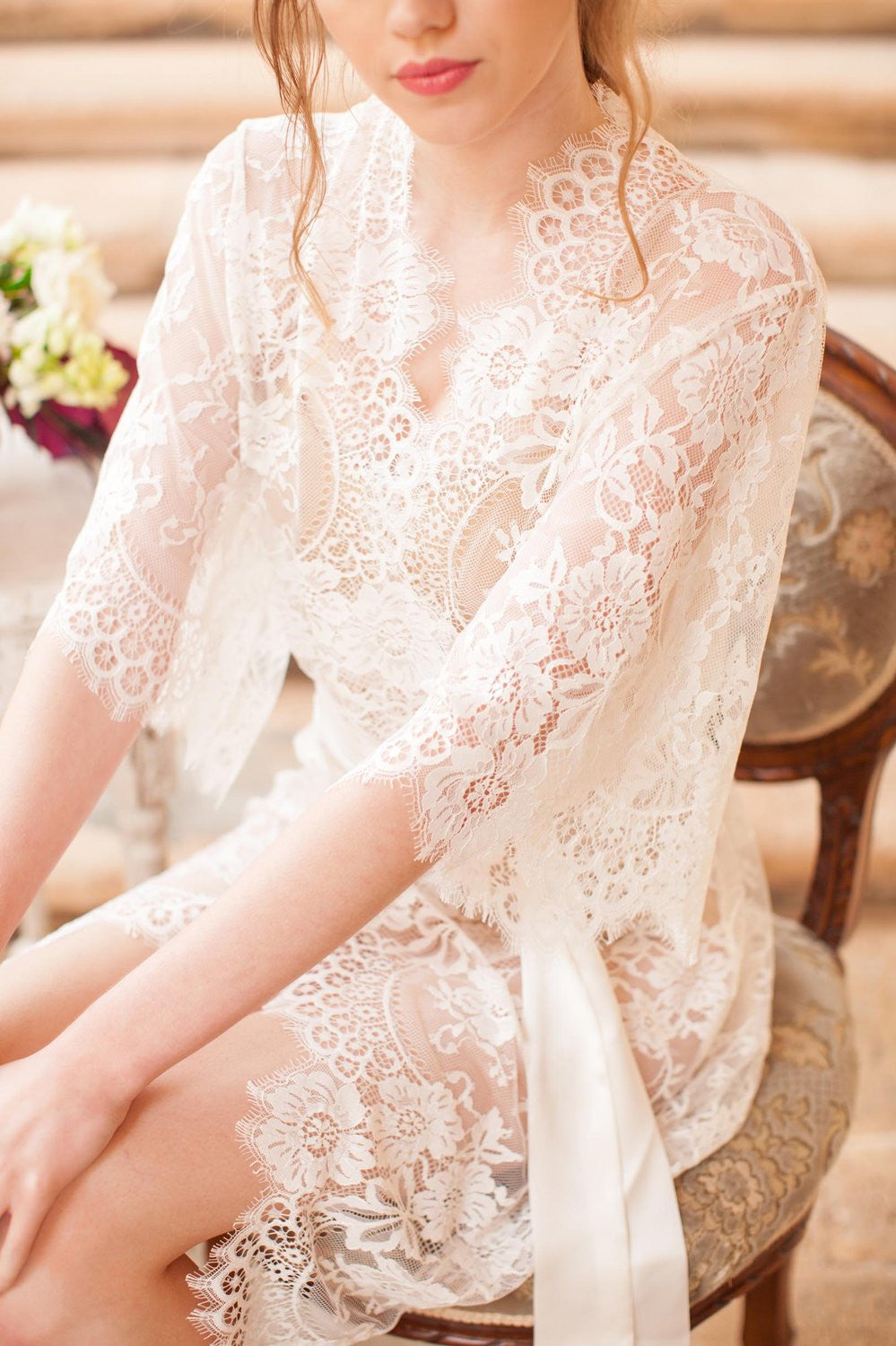 Ivory Swan Queen Lace Kimono Bridal Robe - Elegant Wedding Gown Cover-Up for Bridal Party & Photoshoots