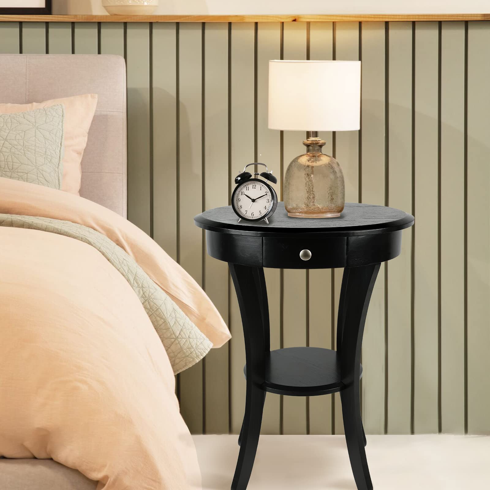 ECOMEX Round End Table with Drawer and Shelf - Solid Wood Side Table in Retro Country Classic Style - Perfect as Living Room Accent Table, Record Player Stand & Bedside Nightstand (Black)