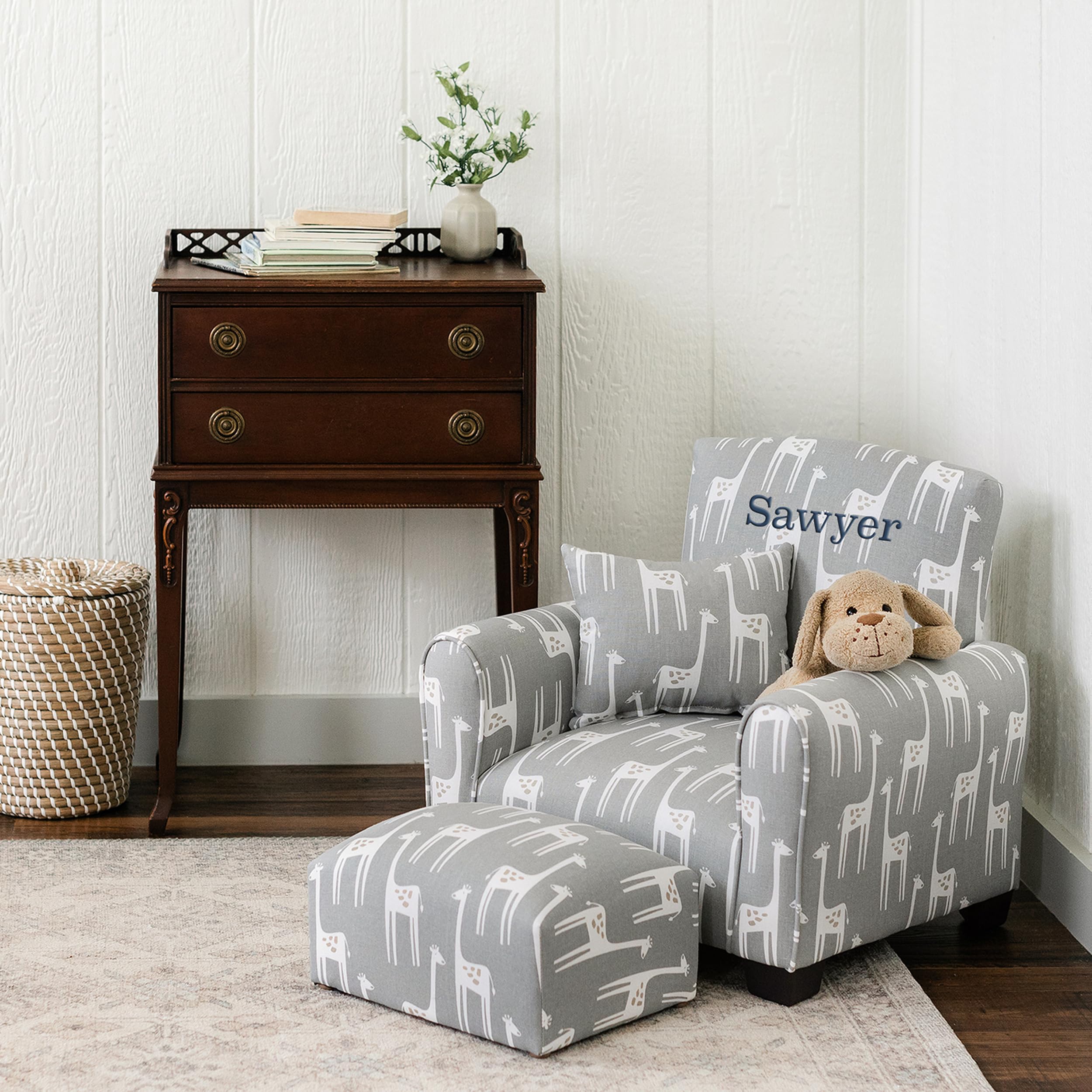 Personalized Kids Rocking Chair with Name - Grey Giraffes Print Upholstered Toddler Armchair | Comfortable Nursery Seating for Playroom, Bedroom & Reading Nook