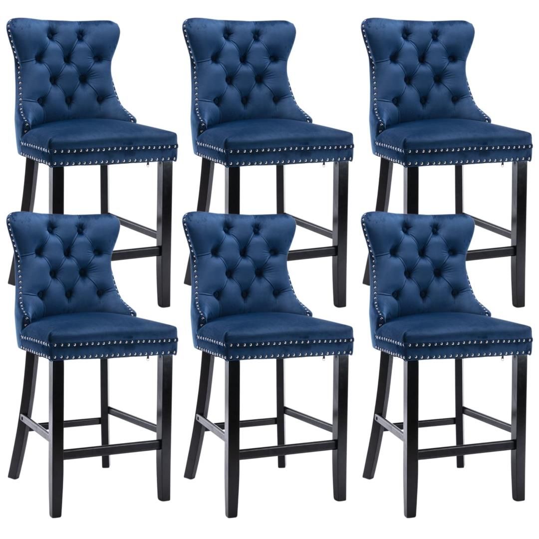 Velvet Bar Stools with Studs Trim & Wooden Legs - Set of 6 Tufted Counter Height Dining Chairs for Kitchen, Breakfast Nook, and Home Bar Decor