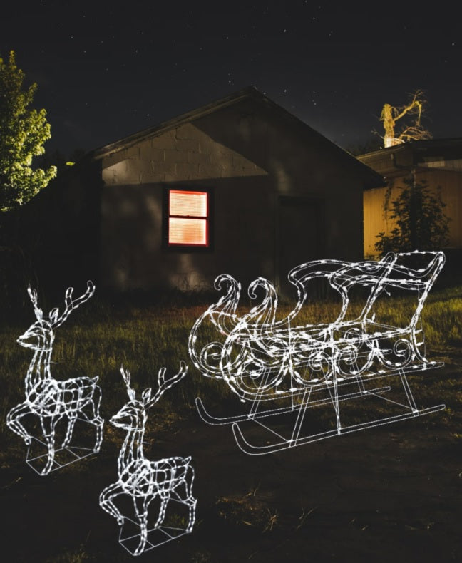 3-Piece Pure White Twinkling LED Elegant Buck and Sleigh Wire Sculptures - Christmas Home Decor, Holiday Table Centerpiece, Winter Wonderland Display