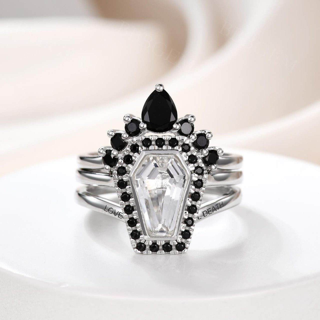 14K White Gold Coffin Cut White Topaz & Black Diamond Gothic Engagement Ring Set (2-Piece) – Perfect for Dark Romance Weddings, Gothic Proposals, and Alternative Jewelry Lovers