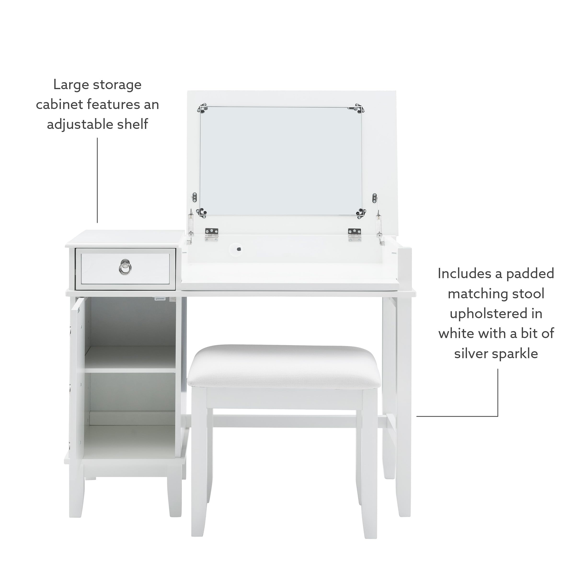 Linon White Vanity Set with Mirror & Stool - Elegant Dressing Table for Bedroom, Bathroom & Makeup Area