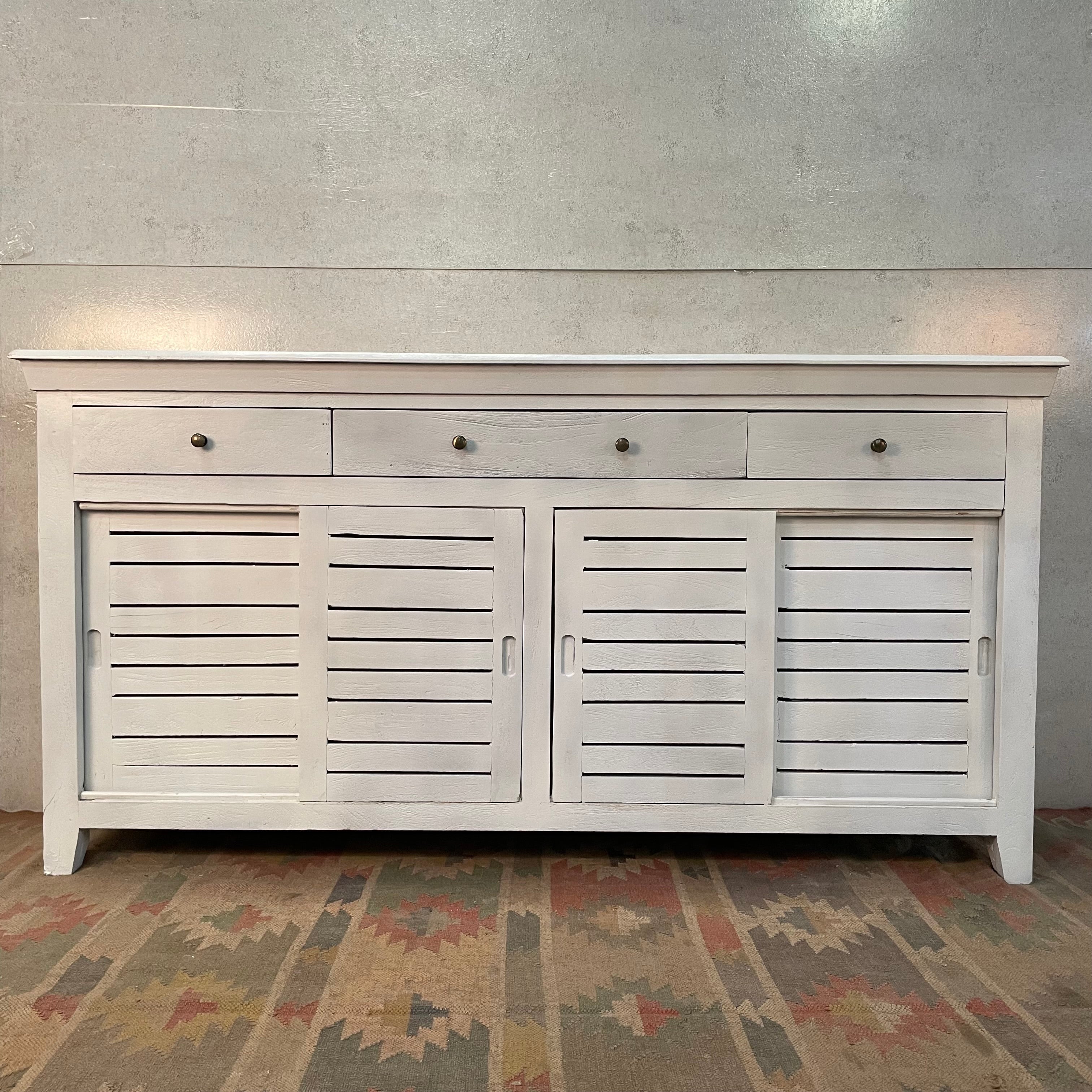 Handmade Carved Indian Furniture - Reclaimed Wood Shutter Doors with 4 Drawers (72x16x35 Inches) - Vintage White Distressed Finish - Perfect for Farmhouse Decor, Living Room Storage & Bedroom Organization