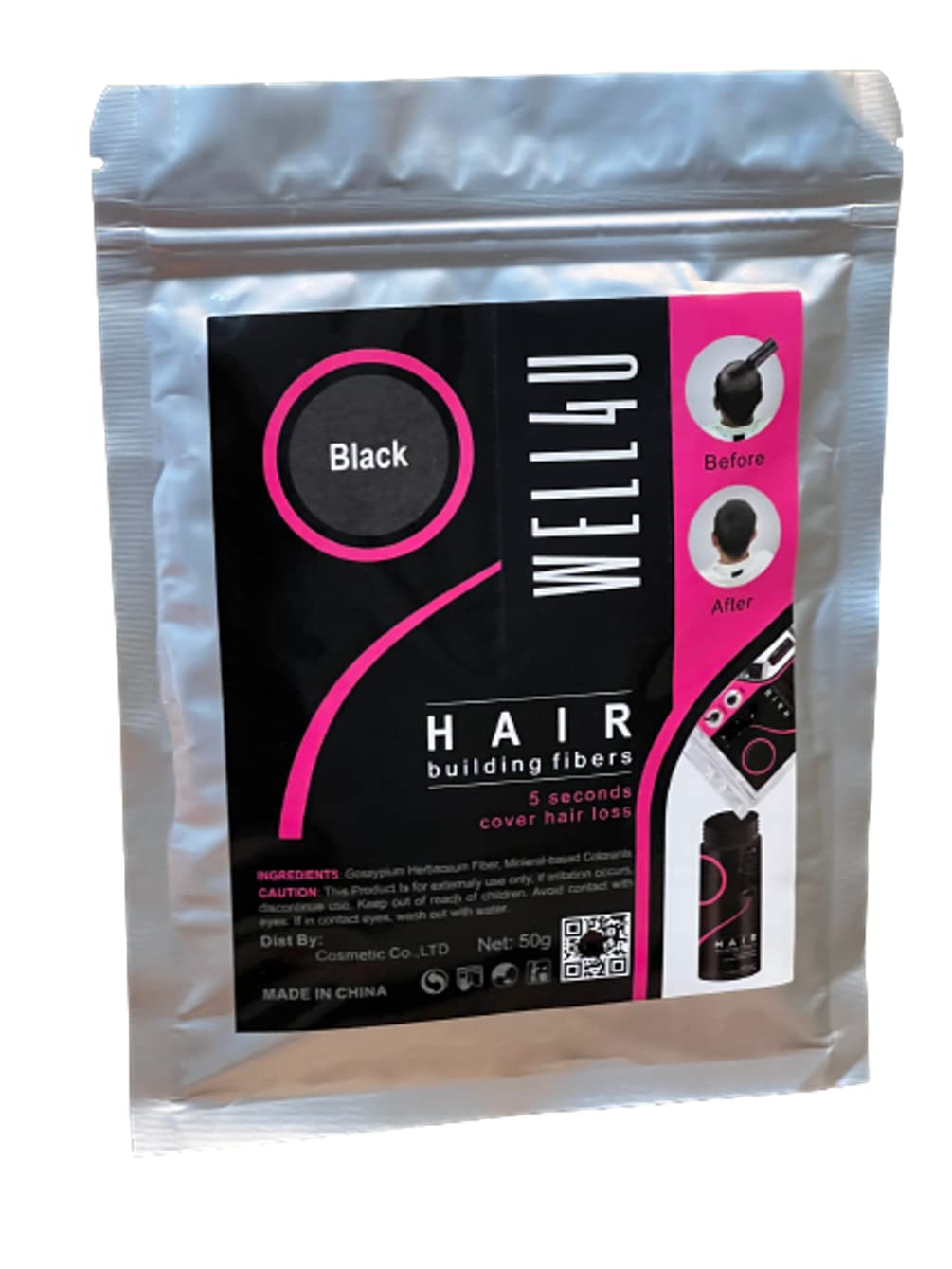 WELL4U Micro Hair Fibers for Thinning Hair - 50g Black Hair Thickening Powder, Natural-Looking Hair Filler & Volumizer - Perfect for Daily Use, Special Occasions & Confidence Boosting