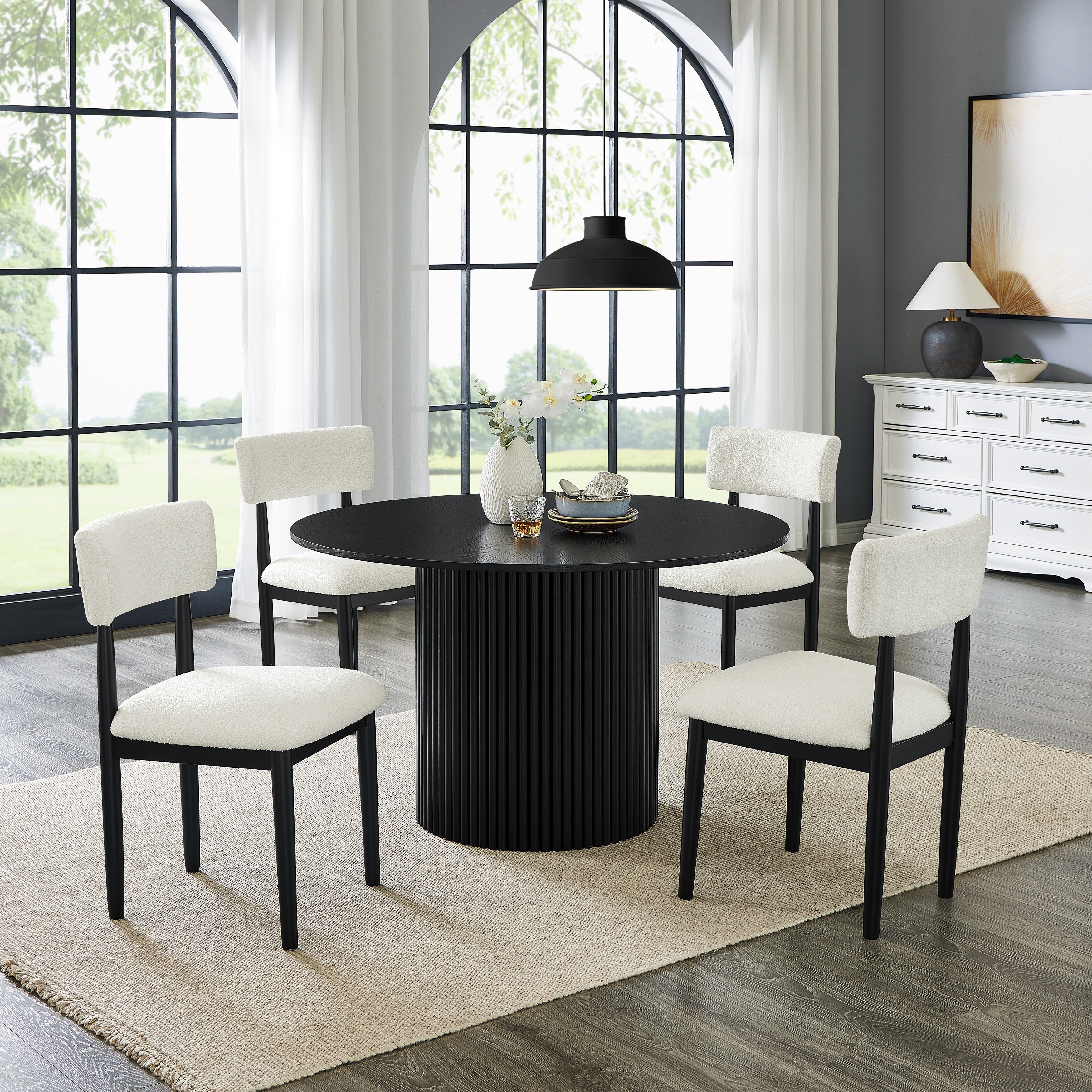Roundhill Furniture Henriet 5-Piece Round Dining Set with Pedestal Table & 4 Chairs - Black | Modern Kitchen & Dining Room Furniture for Small Spaces | Perfect for Breakfast Nooks, Apartments & Cozy Homes