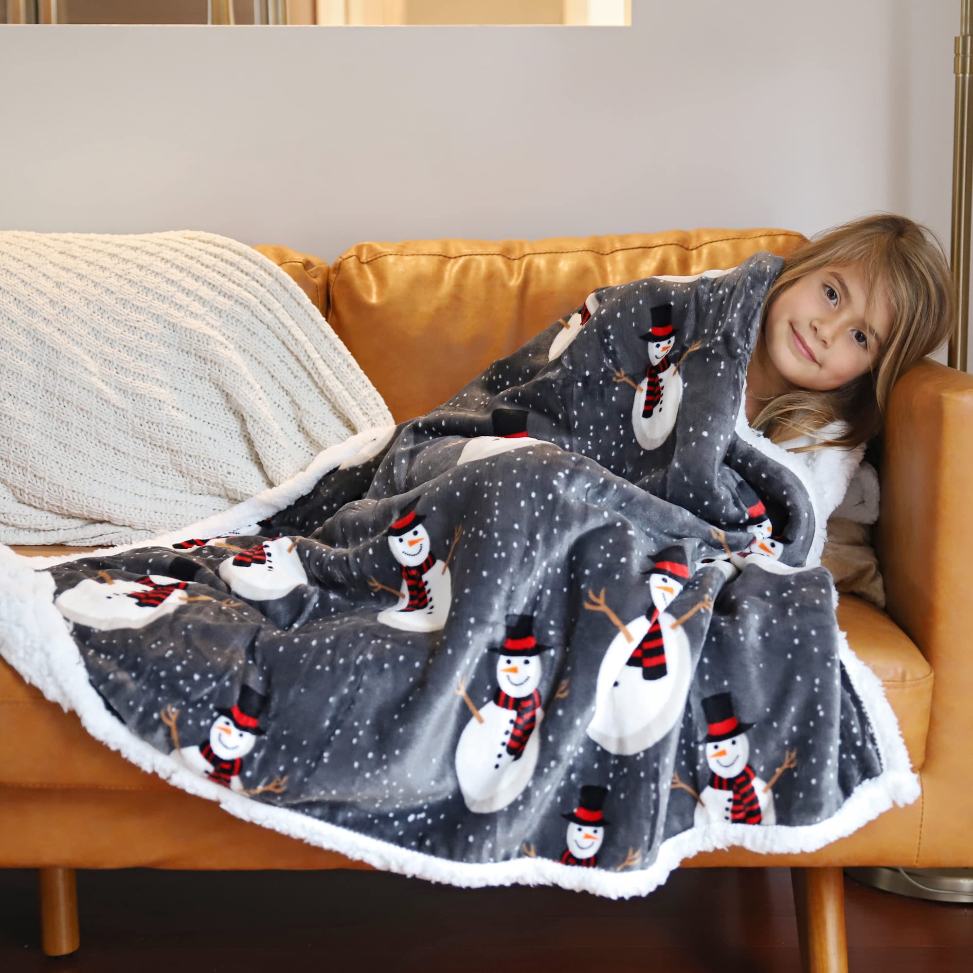 Catalonia Snowman Blanket - Holiday Sherpa Fleece Throw for Couch & Bed | Super Soft, Warm Christmas Blanket (50x60 inches, Grey) | Perfect for Winter Nights, Gift Giving & Cozy Home Decor