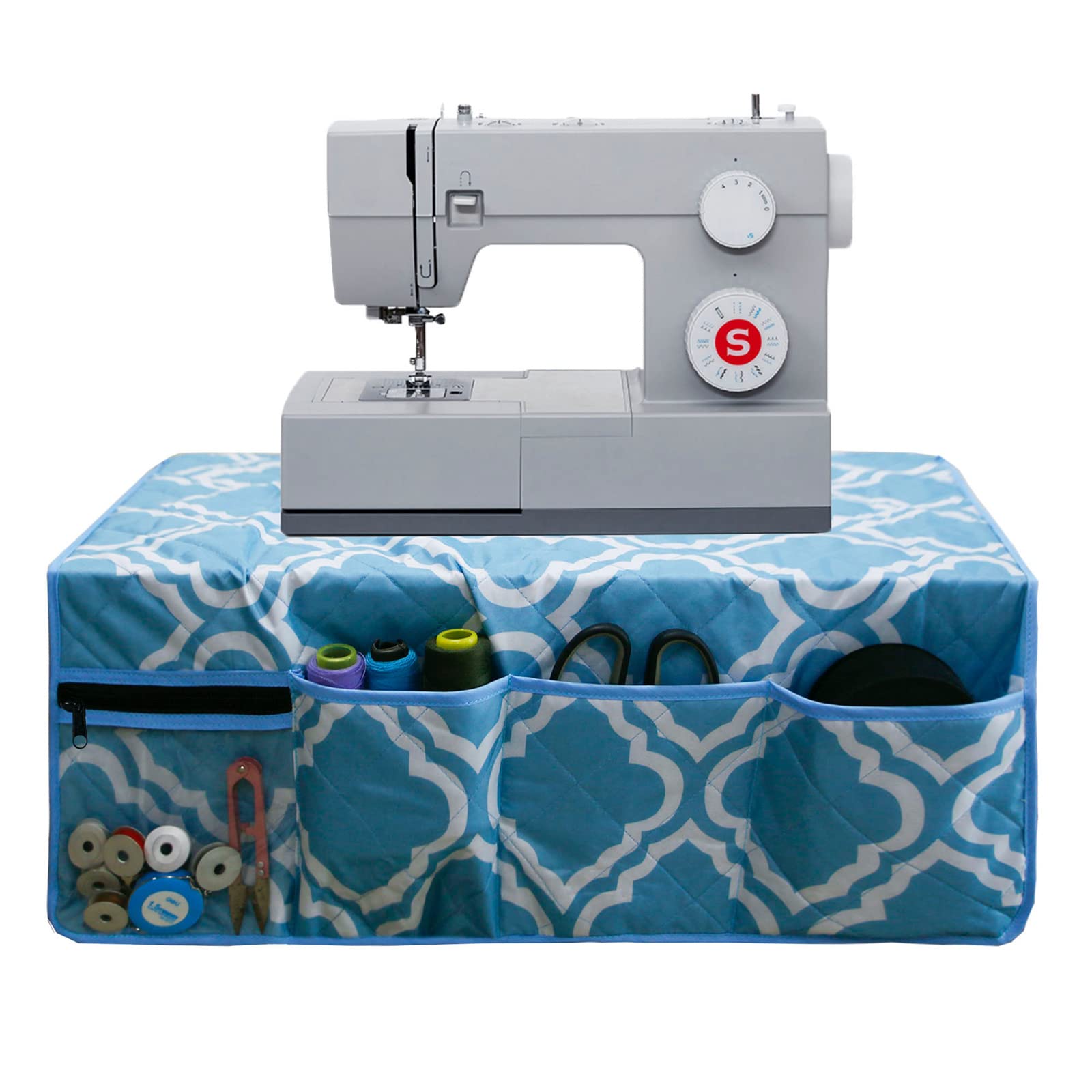 Non-Slip Sewing Machine Pad for Table with 4 Storage Pockets - Dustproof Quilting Machine Cover - Blue Floral Pattern Sewing Accessories Organizer - Perfect for Craft Rooms, Quilting Stations & Home Sewing Projects