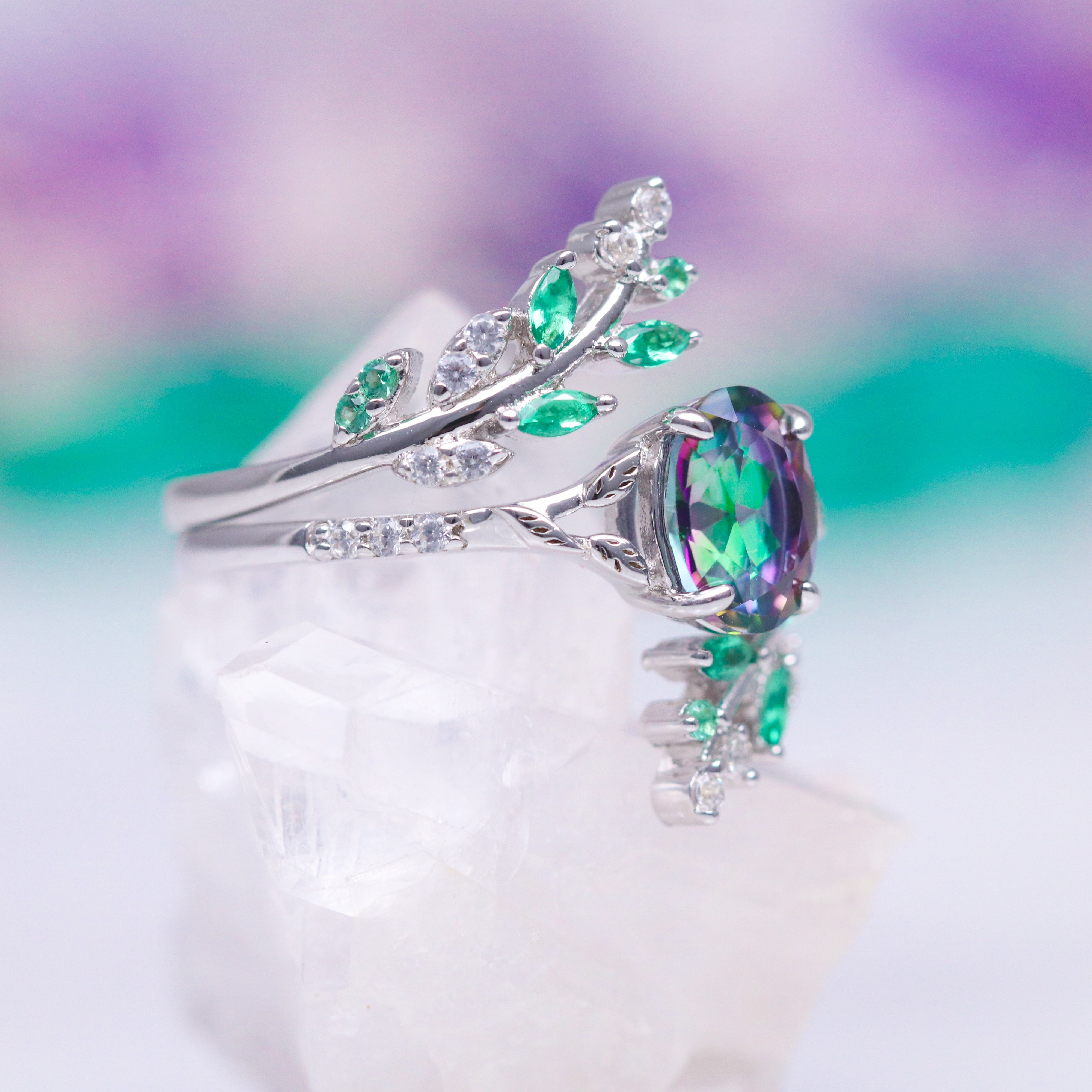 Mystic Topaz & Emerald Fairy Leaf Ring Set - Sterling Silver Jewelry for Women, Nature-Inspired Leaf Design Rings, Perfect for Weddings, Parties & Everyday Wear