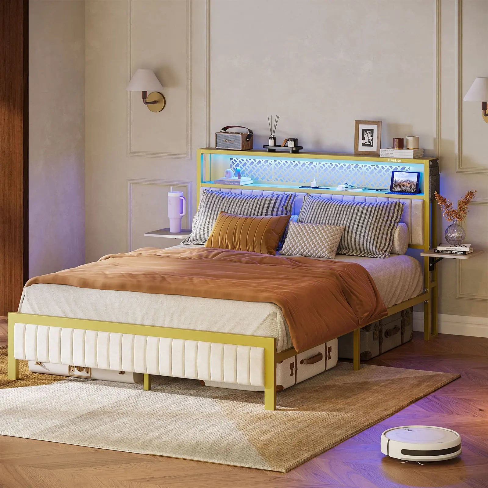 Bestier King/Queen/Full Size Bed Frame with USB Charging Station - Sturdy Metal Platform Bed with Headboard & LED Lights - Perfect for Modern Bedrooms & Guest Rooms