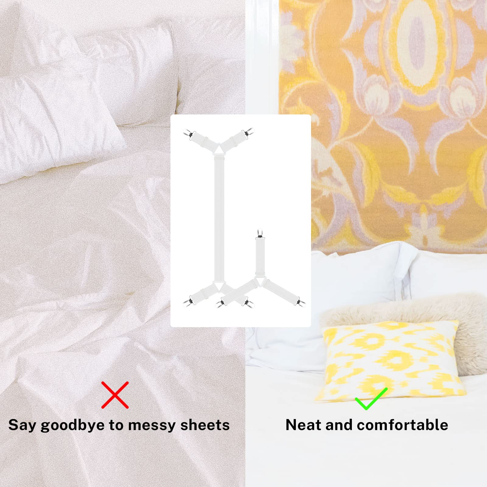 Adjustable Crisscross Bed Sheet Holder Straps - 6-Pack Elastic Fitted Sheet Fasteners for Full, Queen, King & Twin Beds - Secure & Wrinkle-Free (White) | Perfect for Hotels, Dorms & Home Use